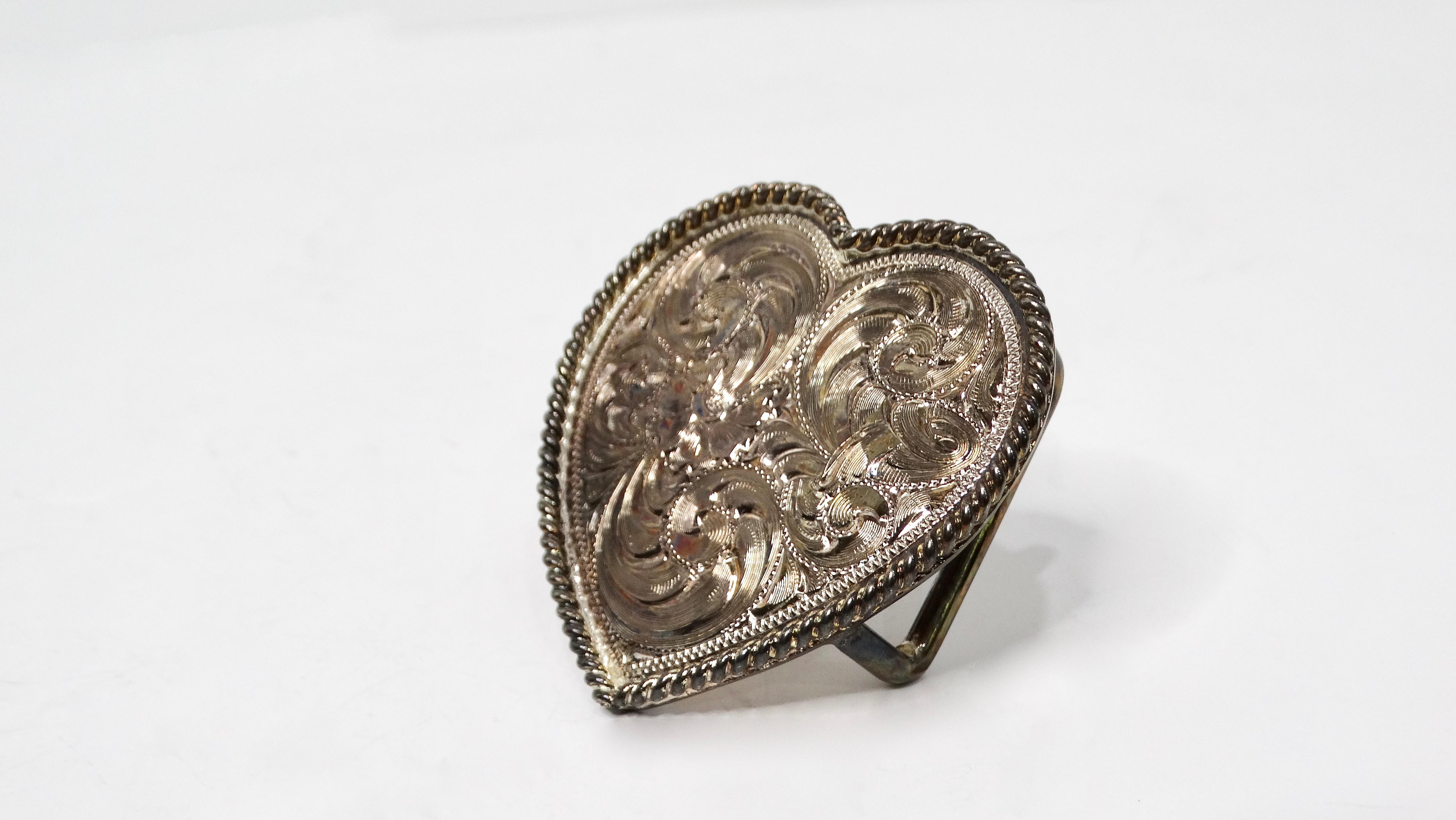 Vintage Handmade Sterling Silver Plated Engraved Heart-Shape Belt Buckle For Sale 2