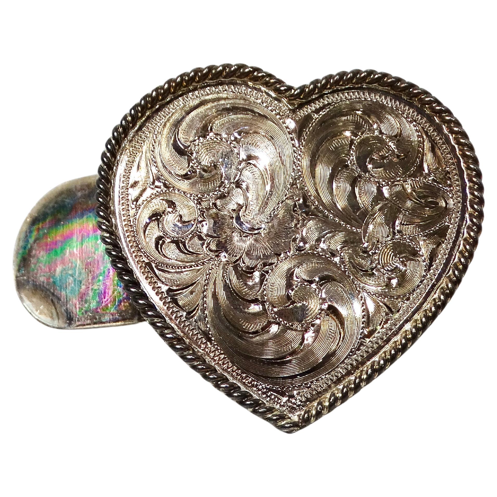 Vintage Handmade Sterling Silver Plated Engraved Heart-Shape Belt Buckle For Sale