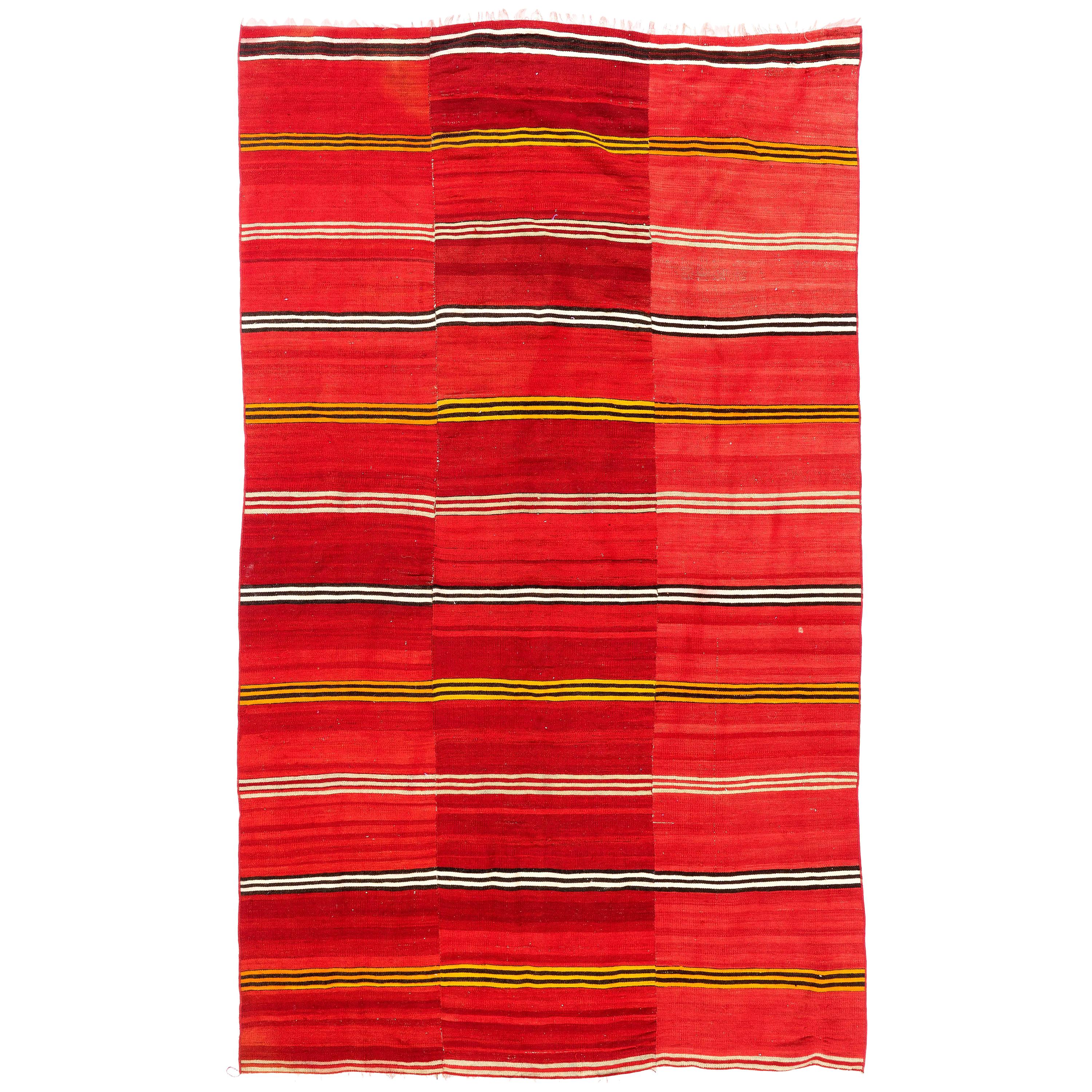 5x8.4 Ft Vintage Handmade Striped Nomadic Kilim Rug in Vivid Red Color, All Wool For Sale