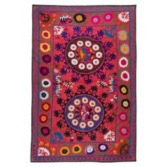 Vintage Handmade Suzani Embroidered Wall Hanging, Cotton Throw in Red
