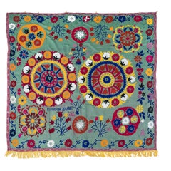 Vintage Handmade Suzani Wall Hanging, Embroidered Cotton Bed Cover Vintage Handmade Suzani Wall Hanging, Embroidered Cotton Bed Cover