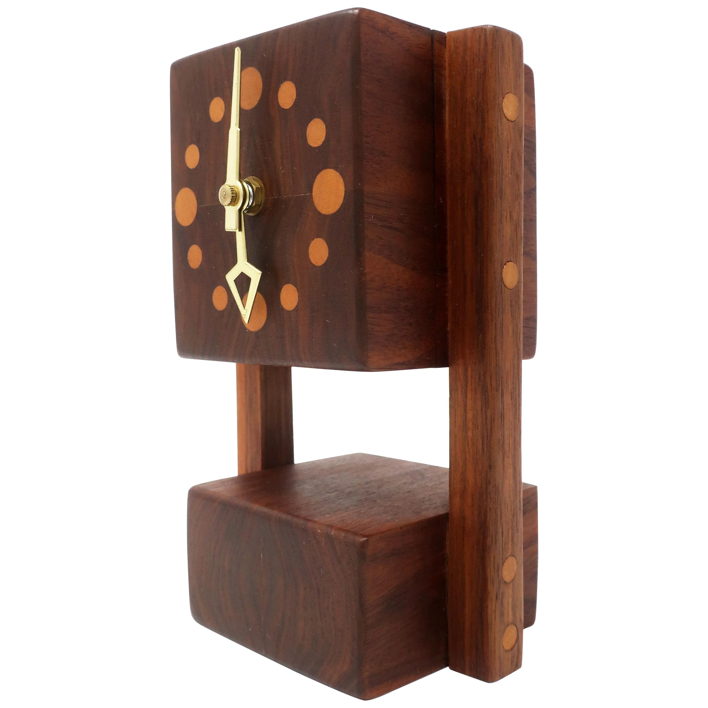 Vintage Handmade Teak Mantle Clock For Sale