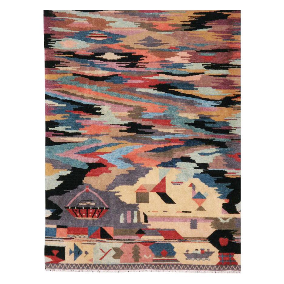 Folk Art Vintage Handmade Turkish Abstract Pictorial Accent Rug For Sale