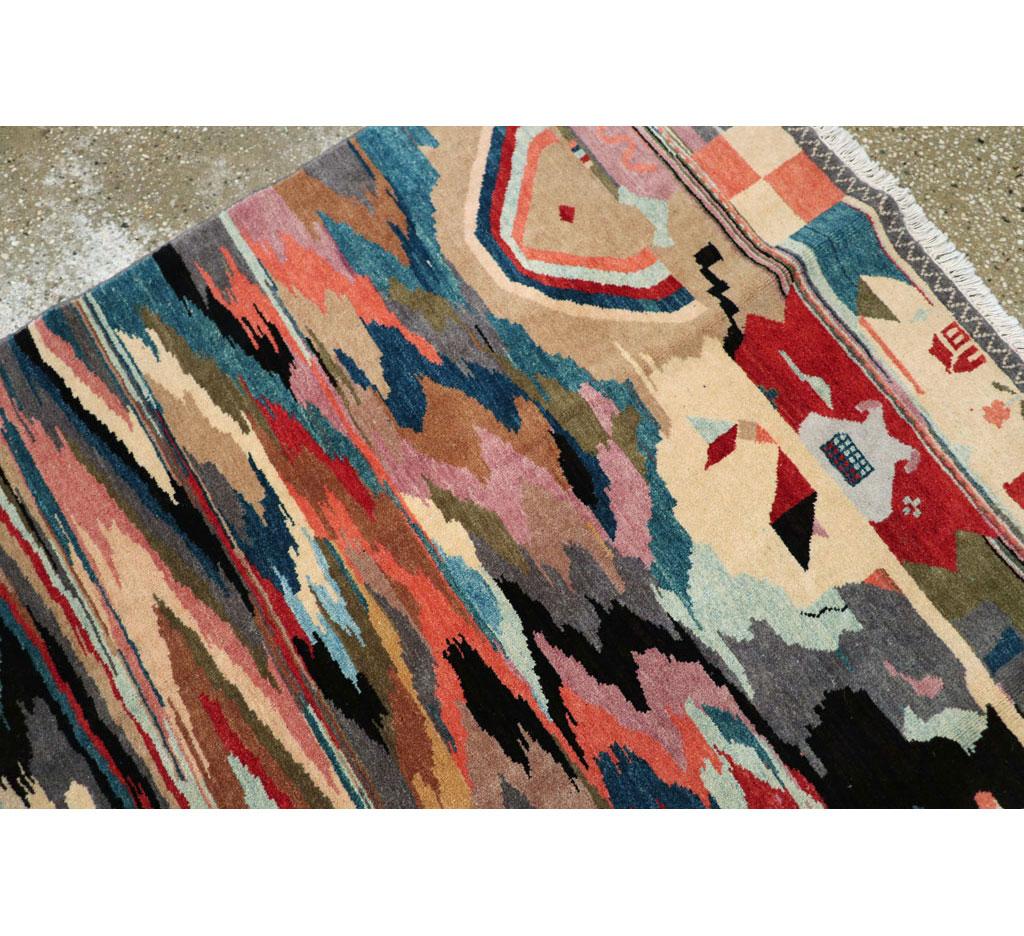 Wool Vintage Handmade Turkish Abstract Pictorial Accent Rug For Sale