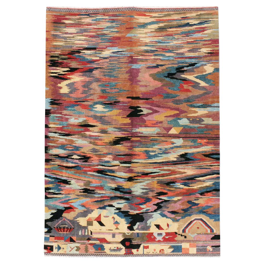 Tapis vintage turc abstrait à motifs picturaux, fait à la main