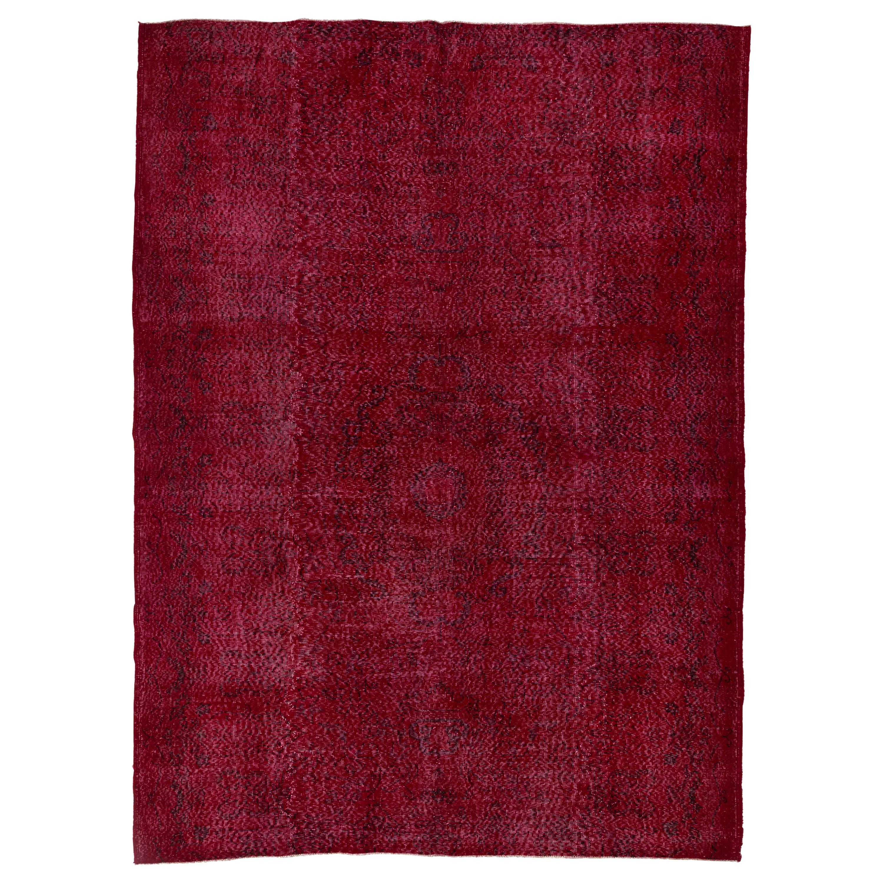 7.4x10 ft Vintage Handmade Wool Turkish Area Rug in Red, Contemporary Carpet