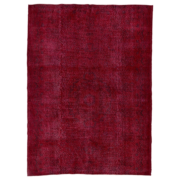 7.4x10 ft Vintage Handmade Wool Turkish Area Rug Over-Dyed in Red For ...