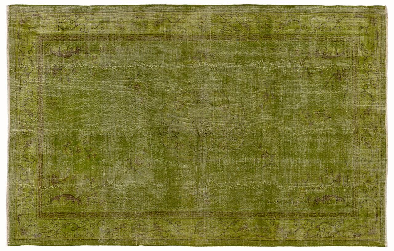 Wool 7.4x10.7 Ft  Vintage Handmade Rug Re-dyed in Chartreuse, Art Deco Chinese Design