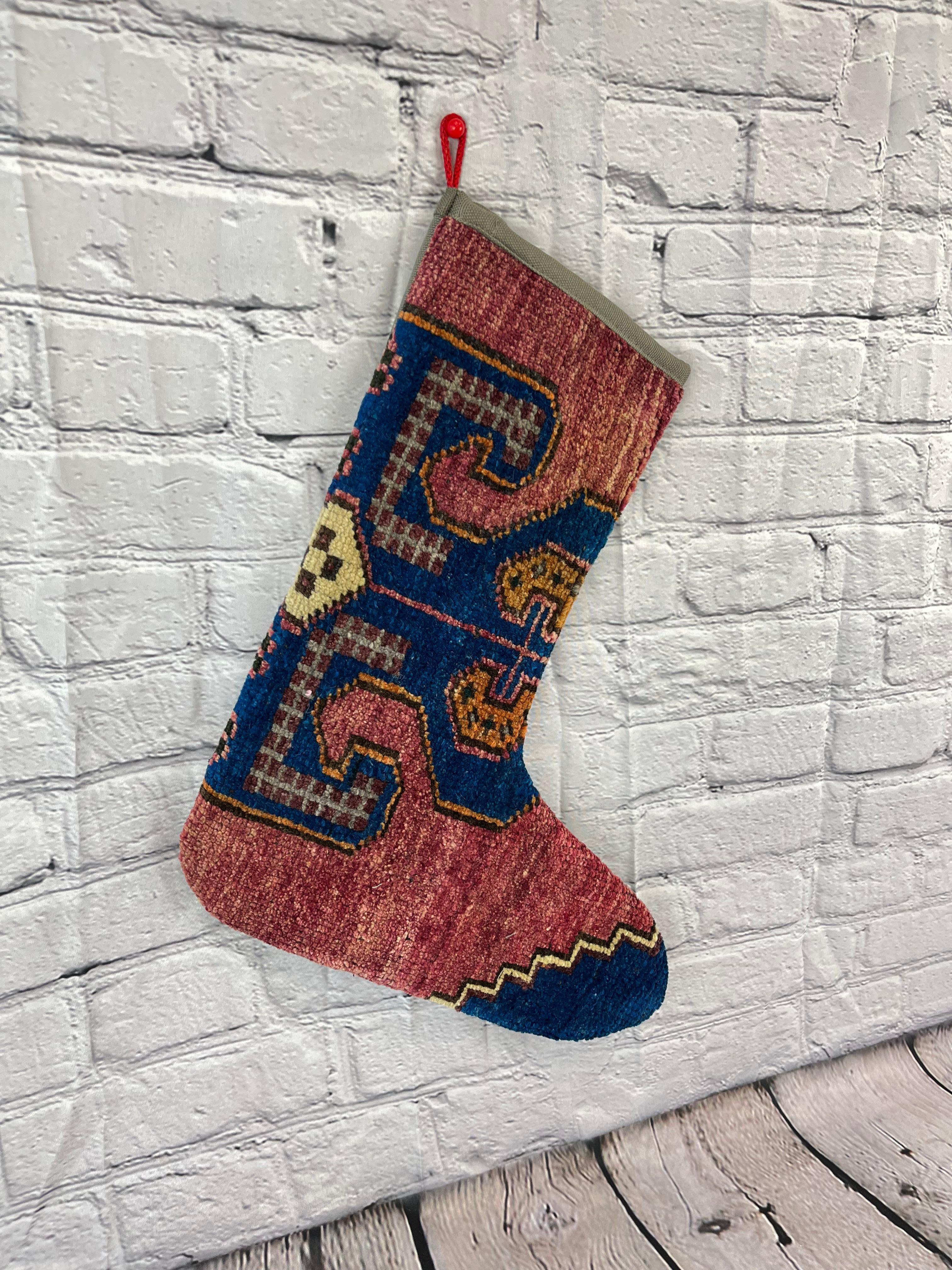 Mid-Century Modern Vintage Handmade Turkish Rug Christmas Stocking For Sale