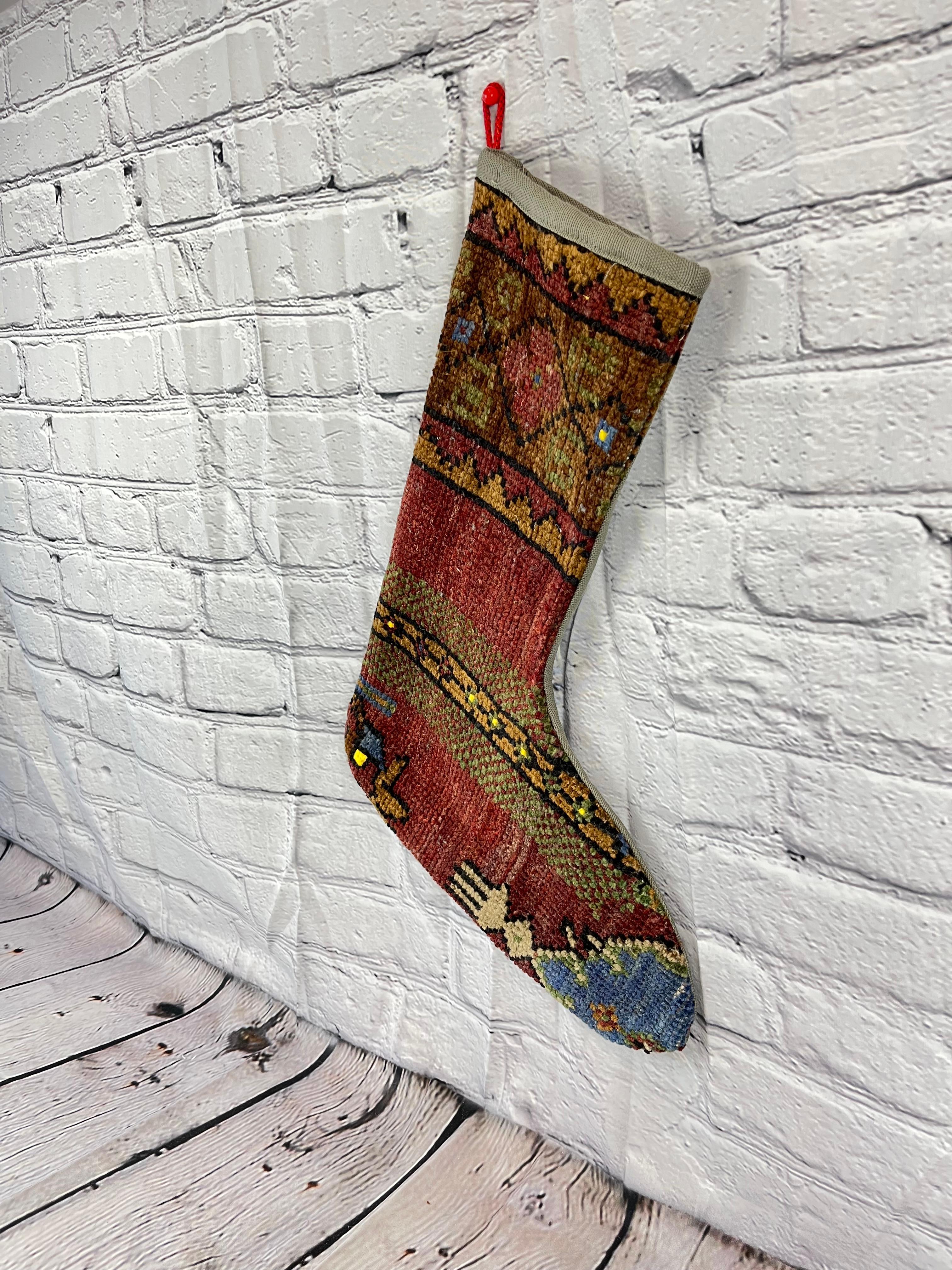 Mid-Century Modern Vintage Handmade Turkish Rug Christmas Stocking For Sale