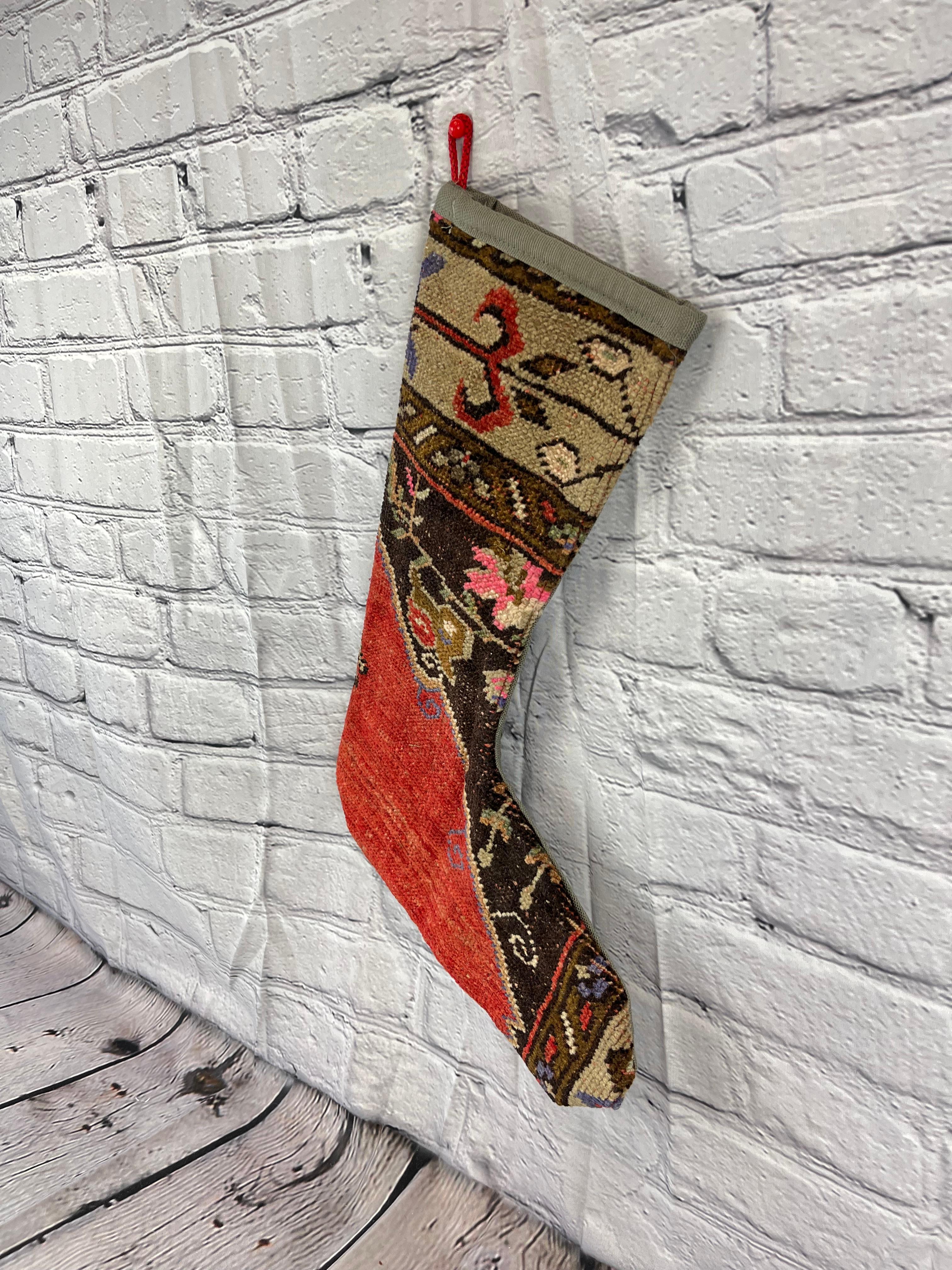 Mid-Century Modern Vintage Handmade Turkish Rug Christmas Stocking For Sale