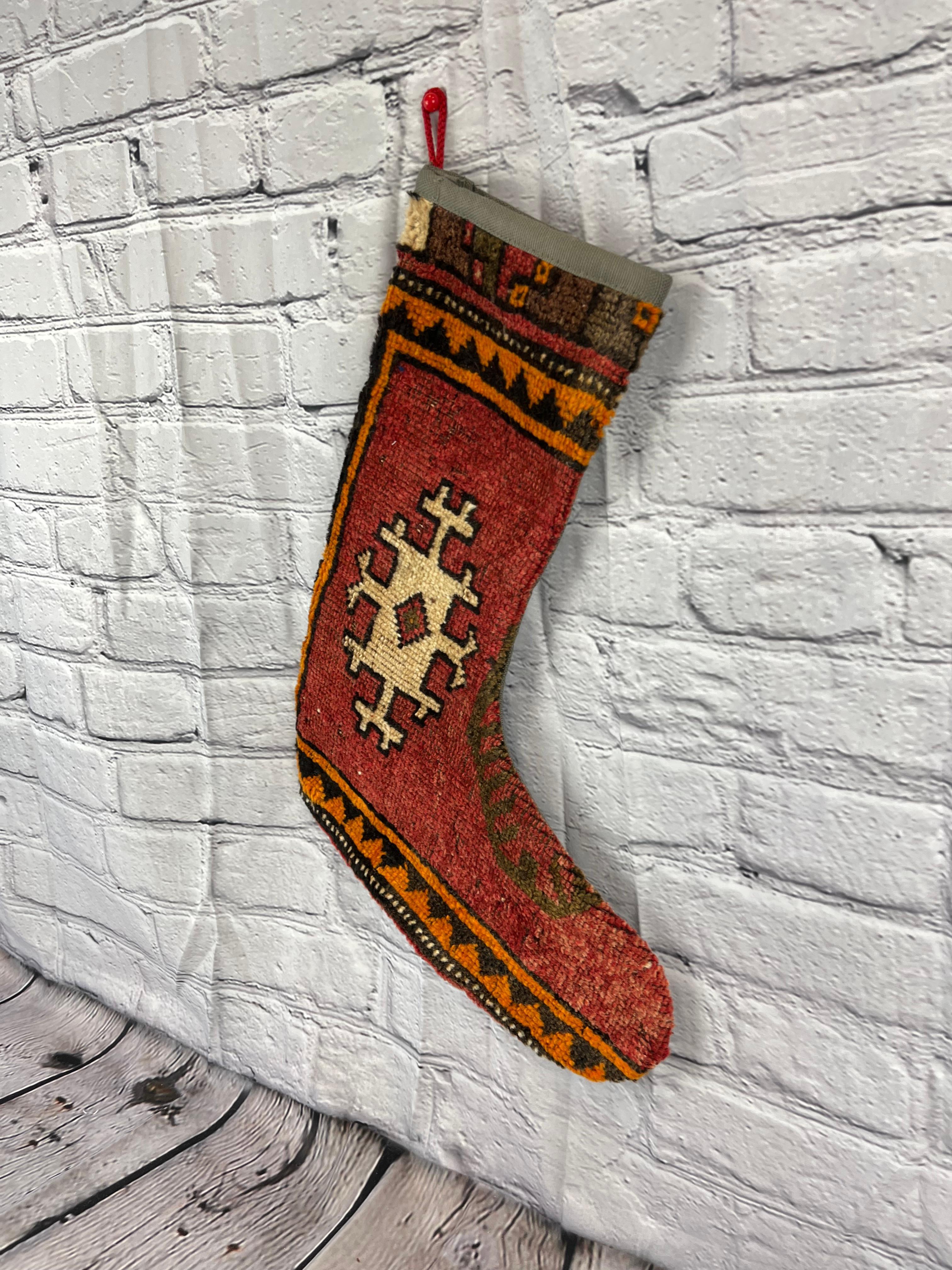 Mid-Century Modern Vintage Handmade Turkish Rug Christmas Stocking For Sale