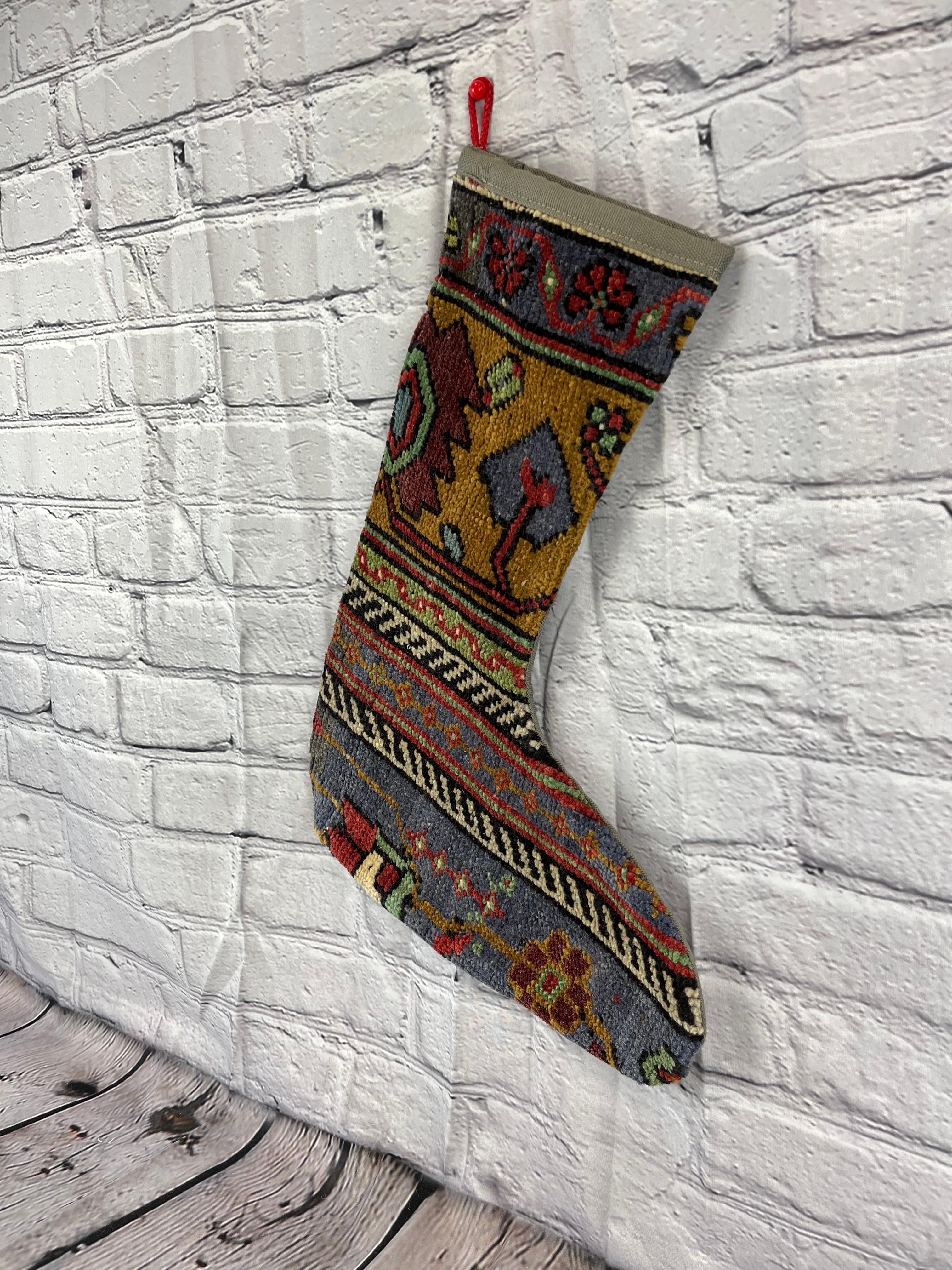 Mid-Century Modern Vintage Handmade Turkish Rug Christmas Stocking For Sale