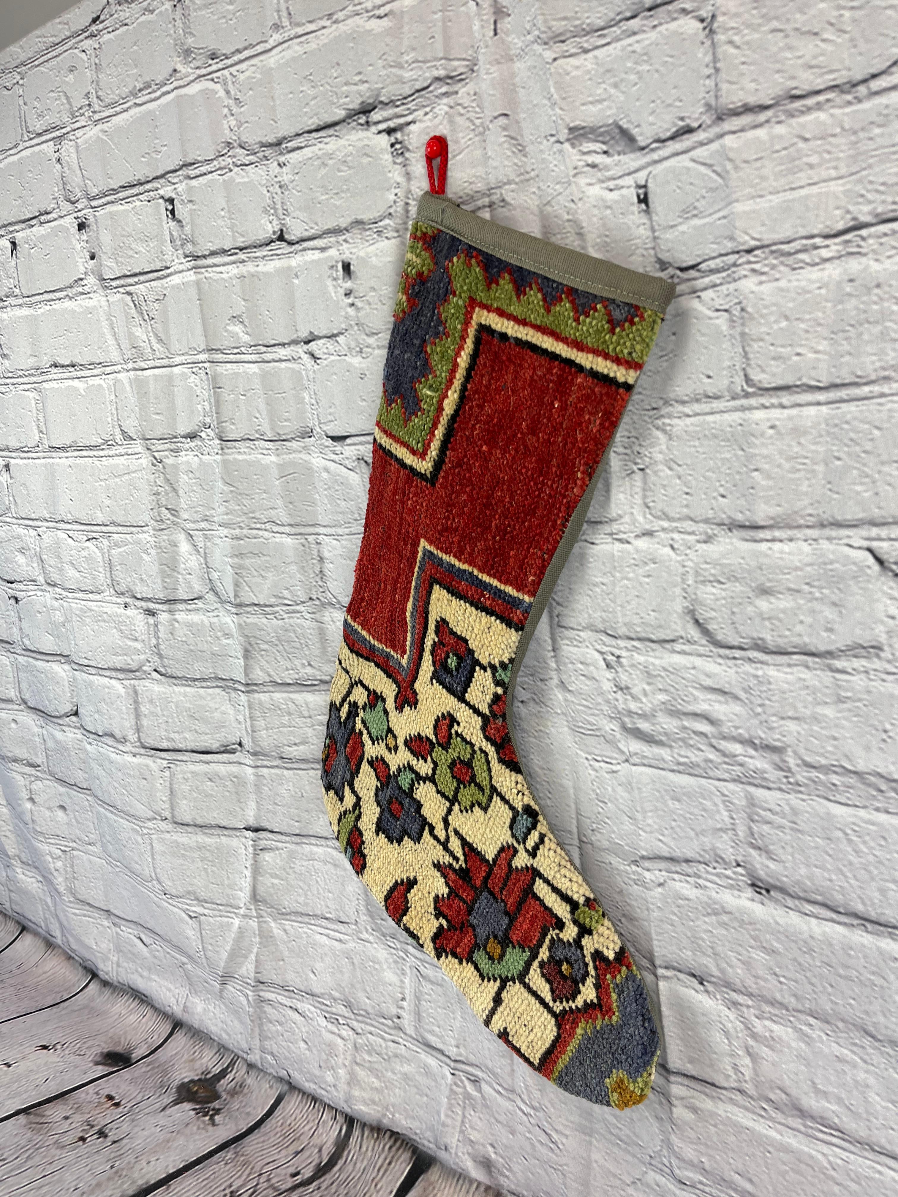 Mid-Century Modern Vintage Handmade Turkish Rug Christmas Stocking For Sale