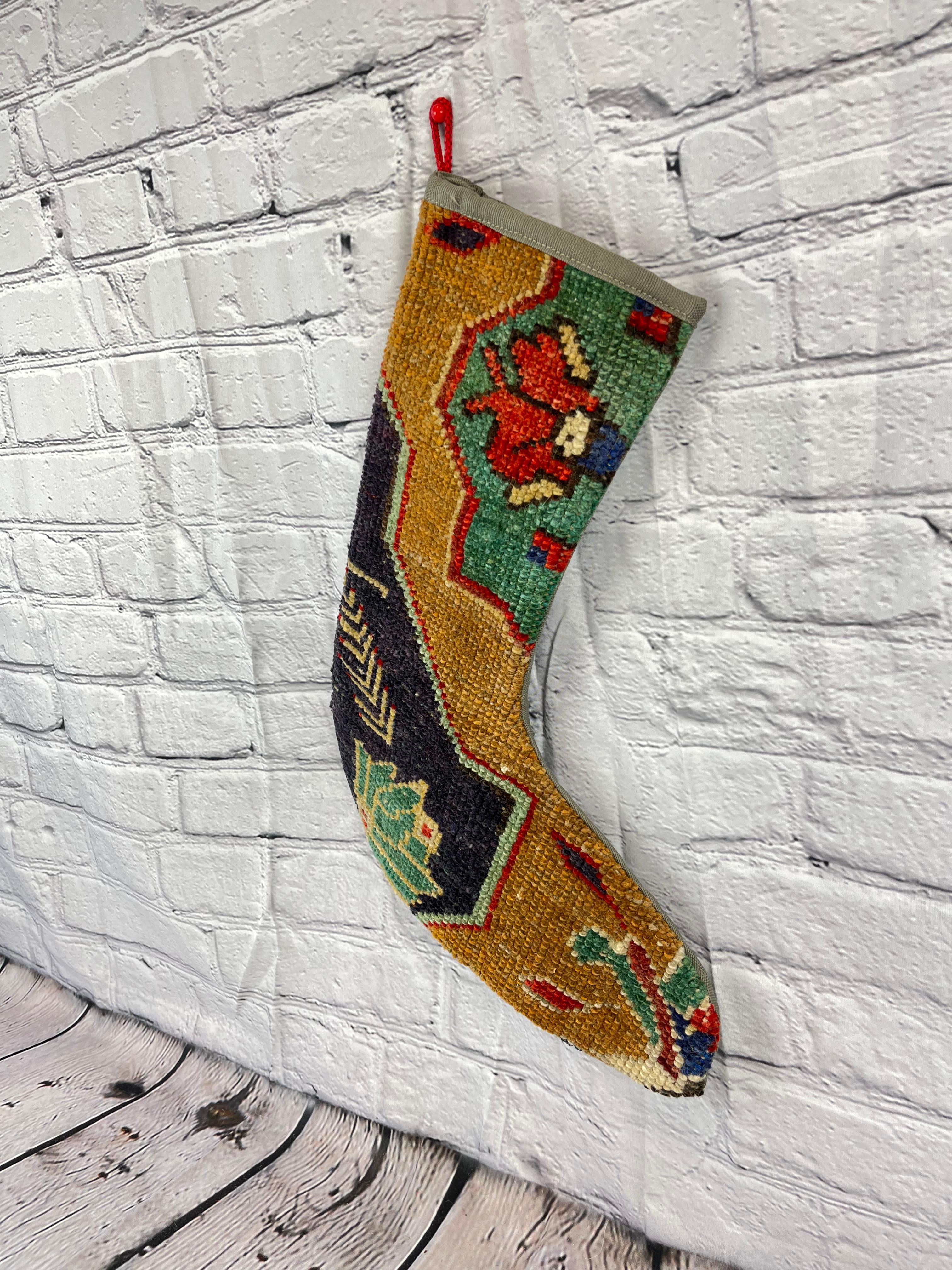 Mid-Century Modern Vintage Handmade Turkish Rug Christmas Stocking For Sale