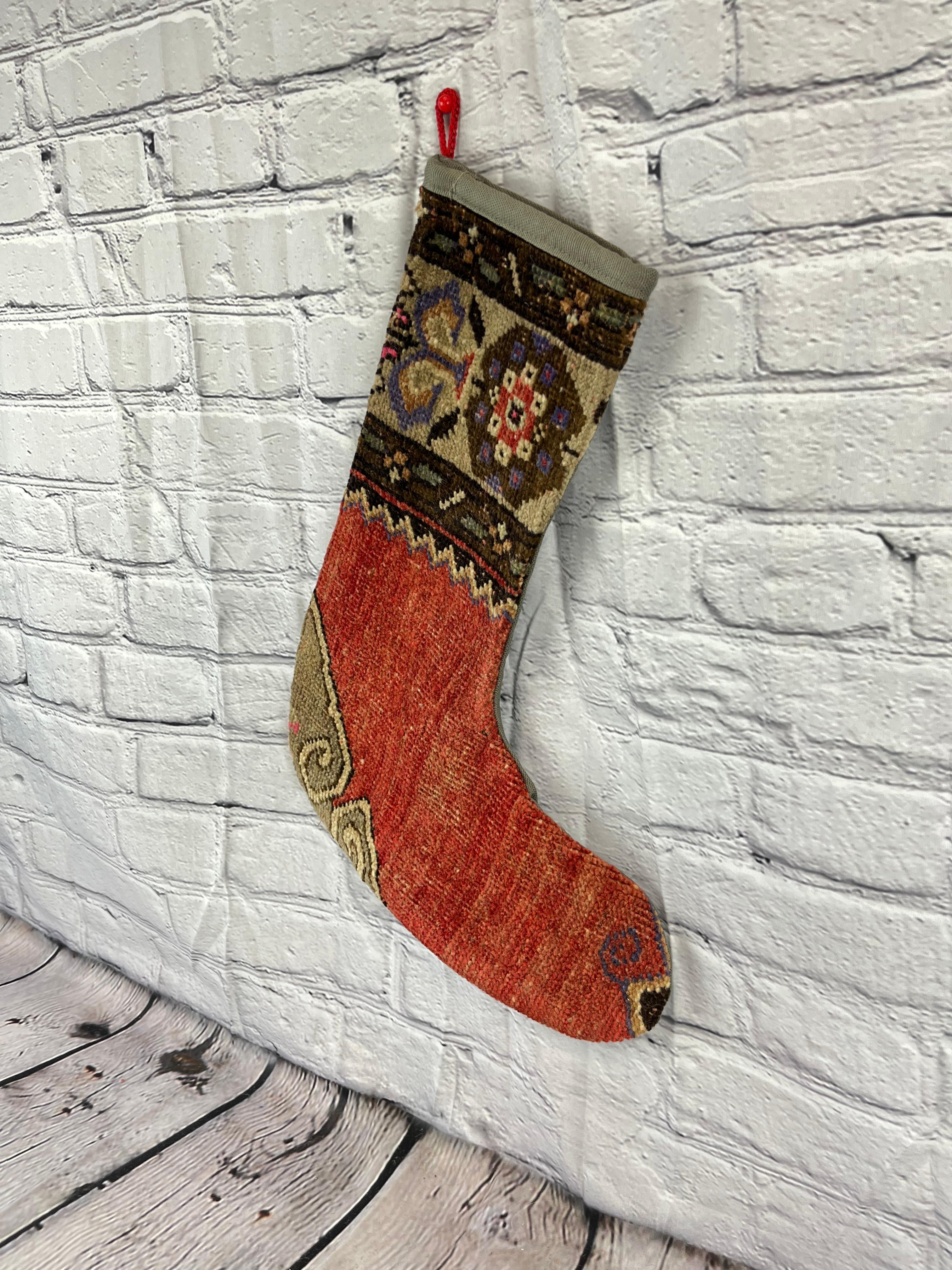 Mid-Century Modern Vintage Handmade Turkish Rug Christmas Stocking For Sale