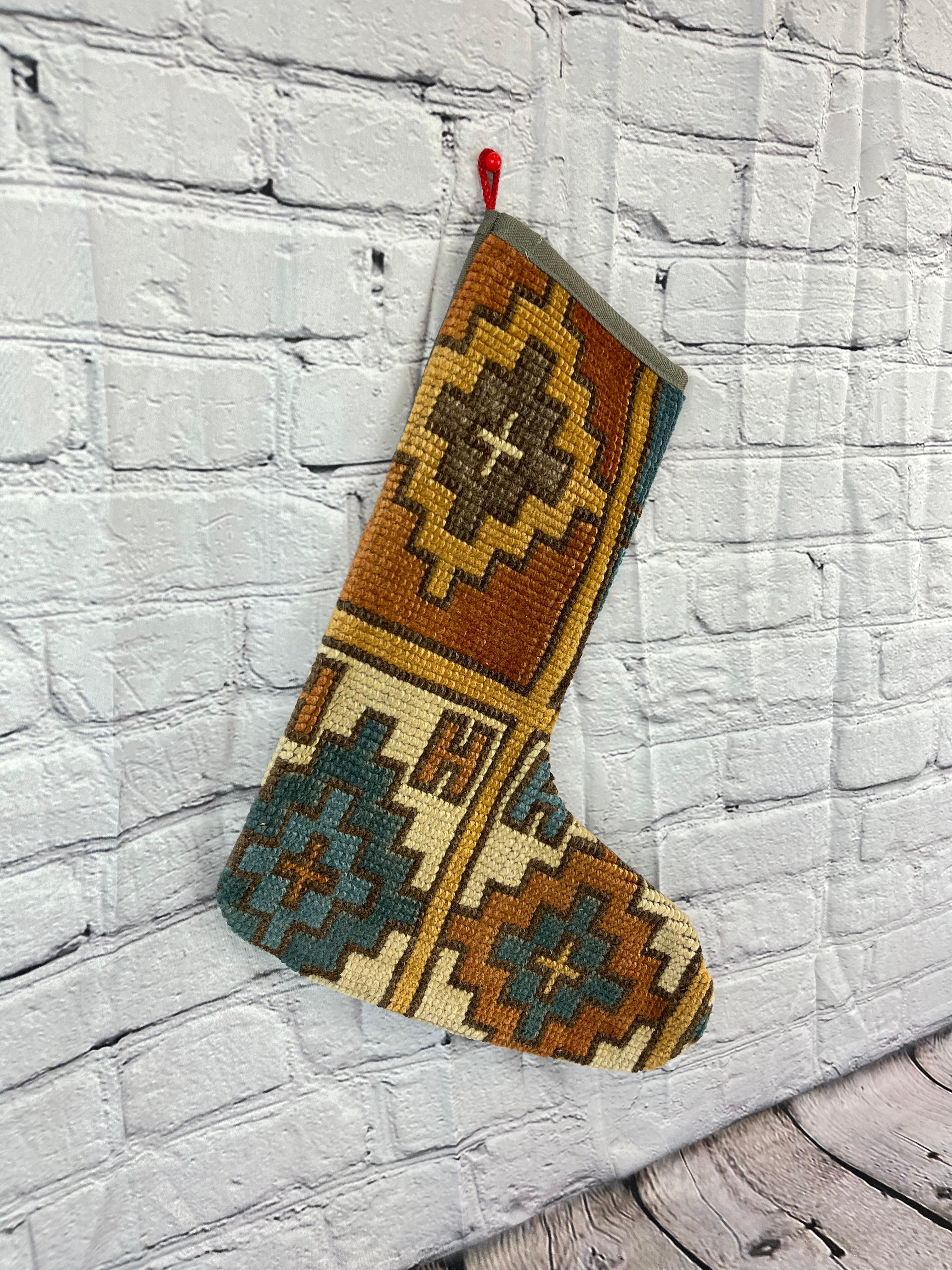 Hand-Knotted Vintage Handmade Turkish Rug Christmas Stocking For Sale