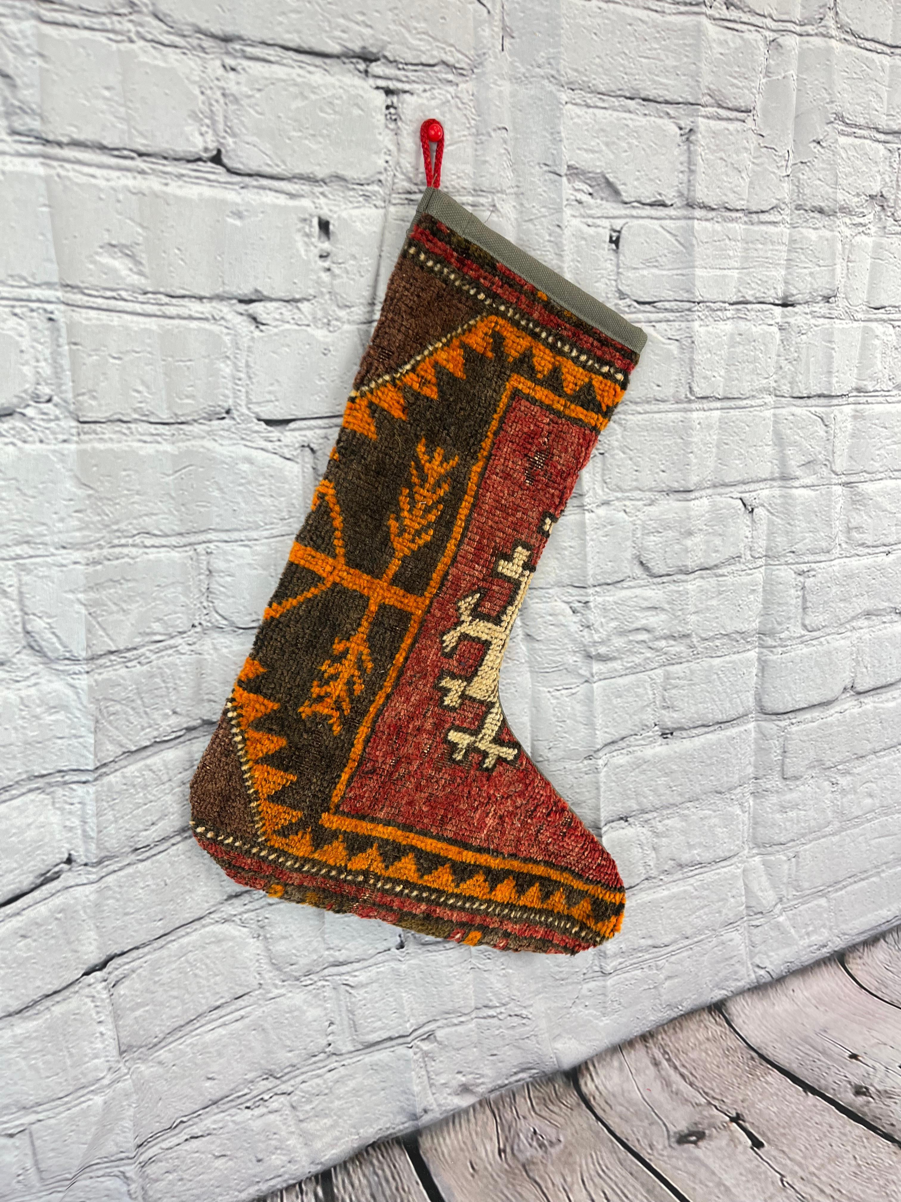 Hand-Knotted Vintage Handmade Turkish Rug Christmas Stocking For Sale