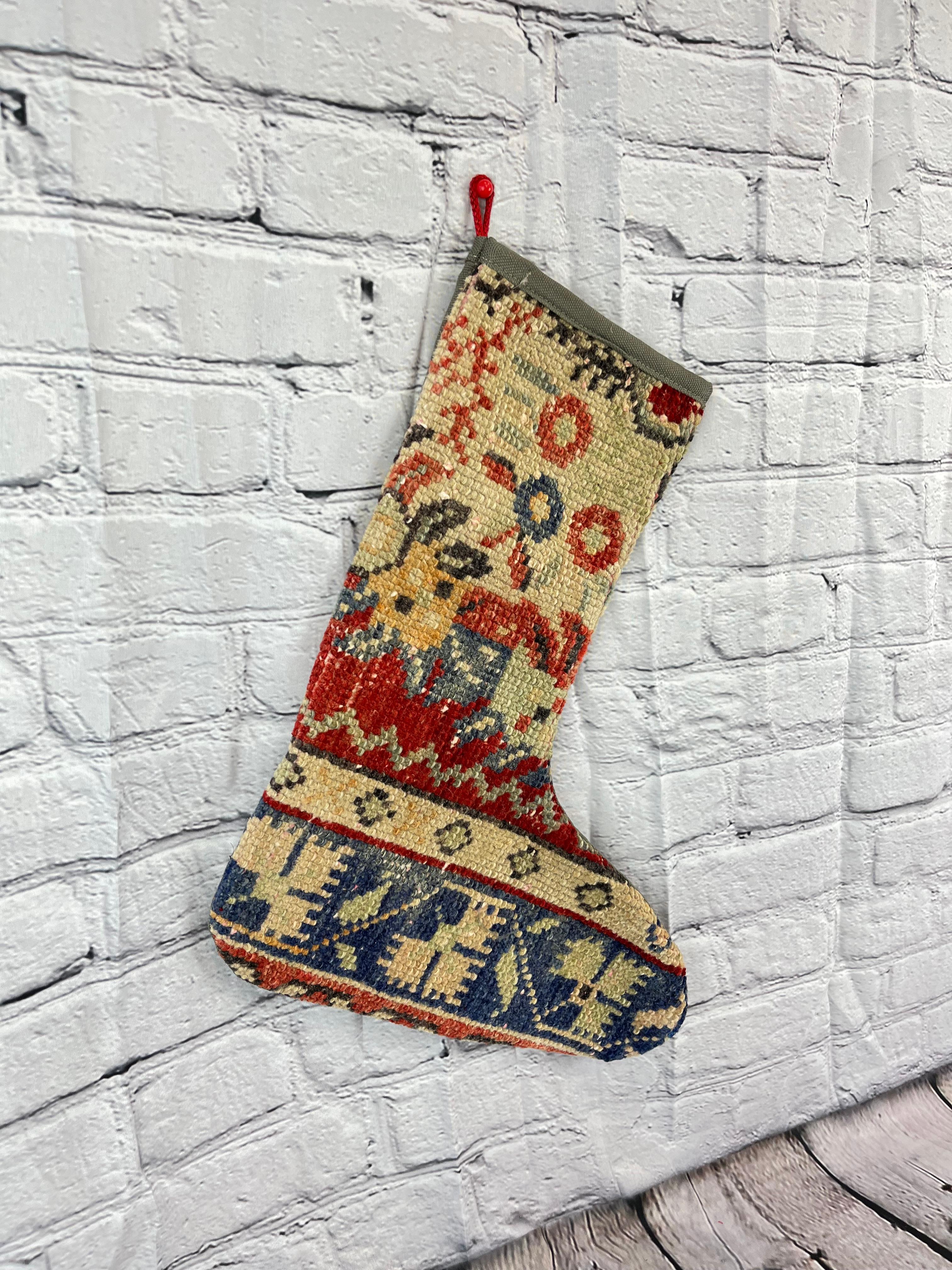 Hand-Knotted Vintage Handmade Turkish Rug Christmas Stocking For Sale