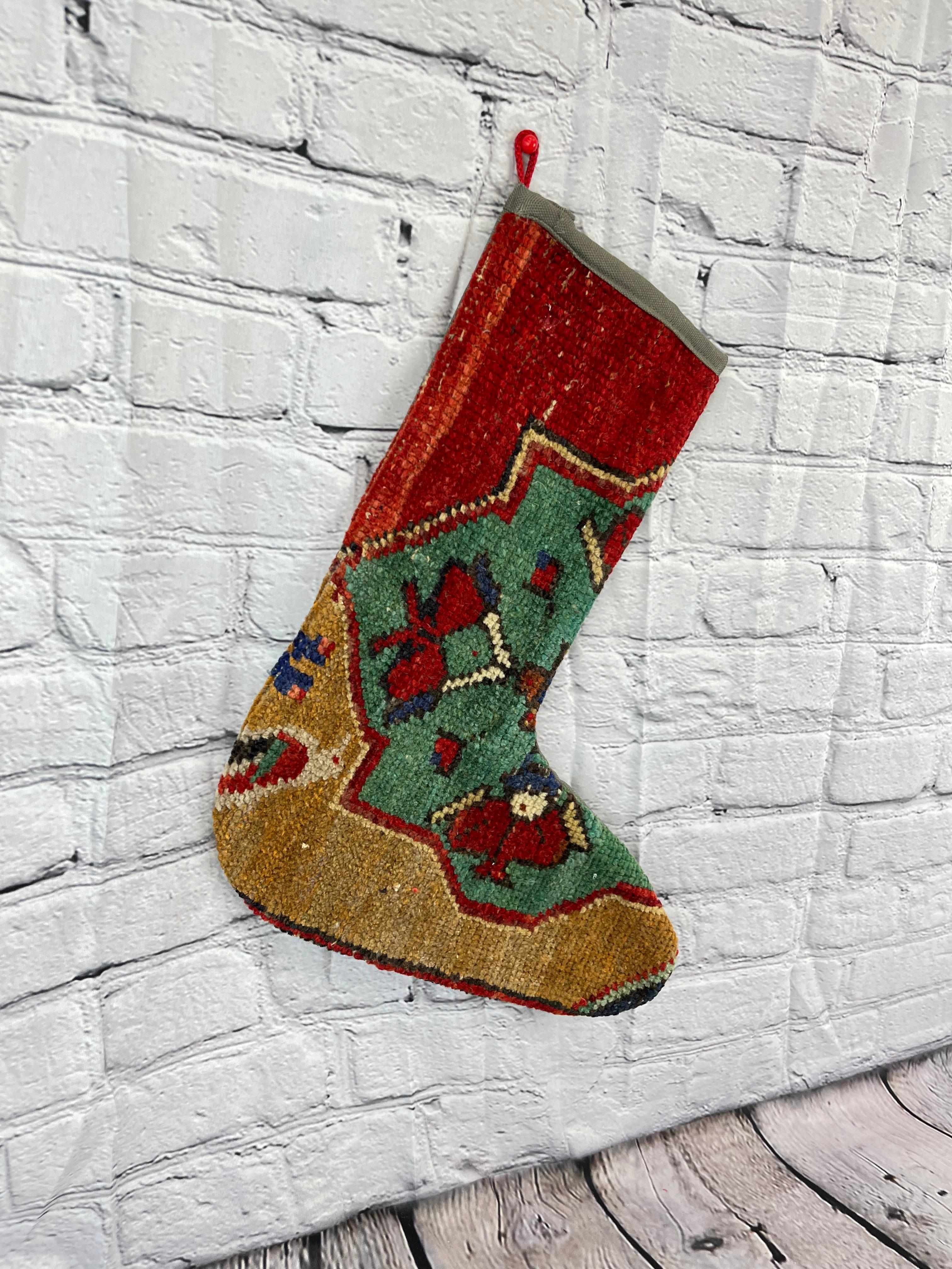 Hand-Knotted Vintage Handmade Turkish Rug Christmas Stocking For Sale