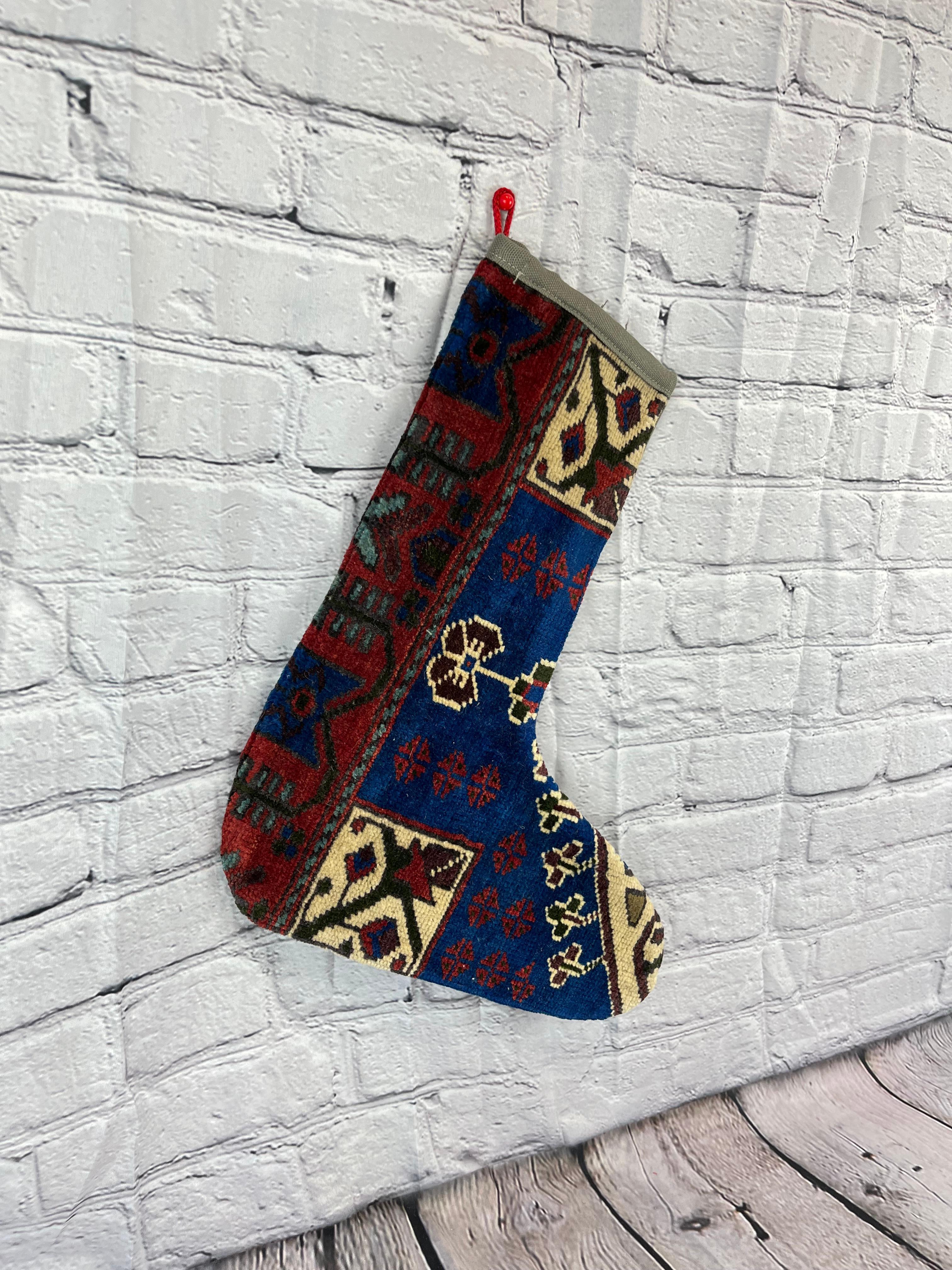 Hand-Knotted Vintage Handmade Turkish Rug Christmas Stocking For Sale