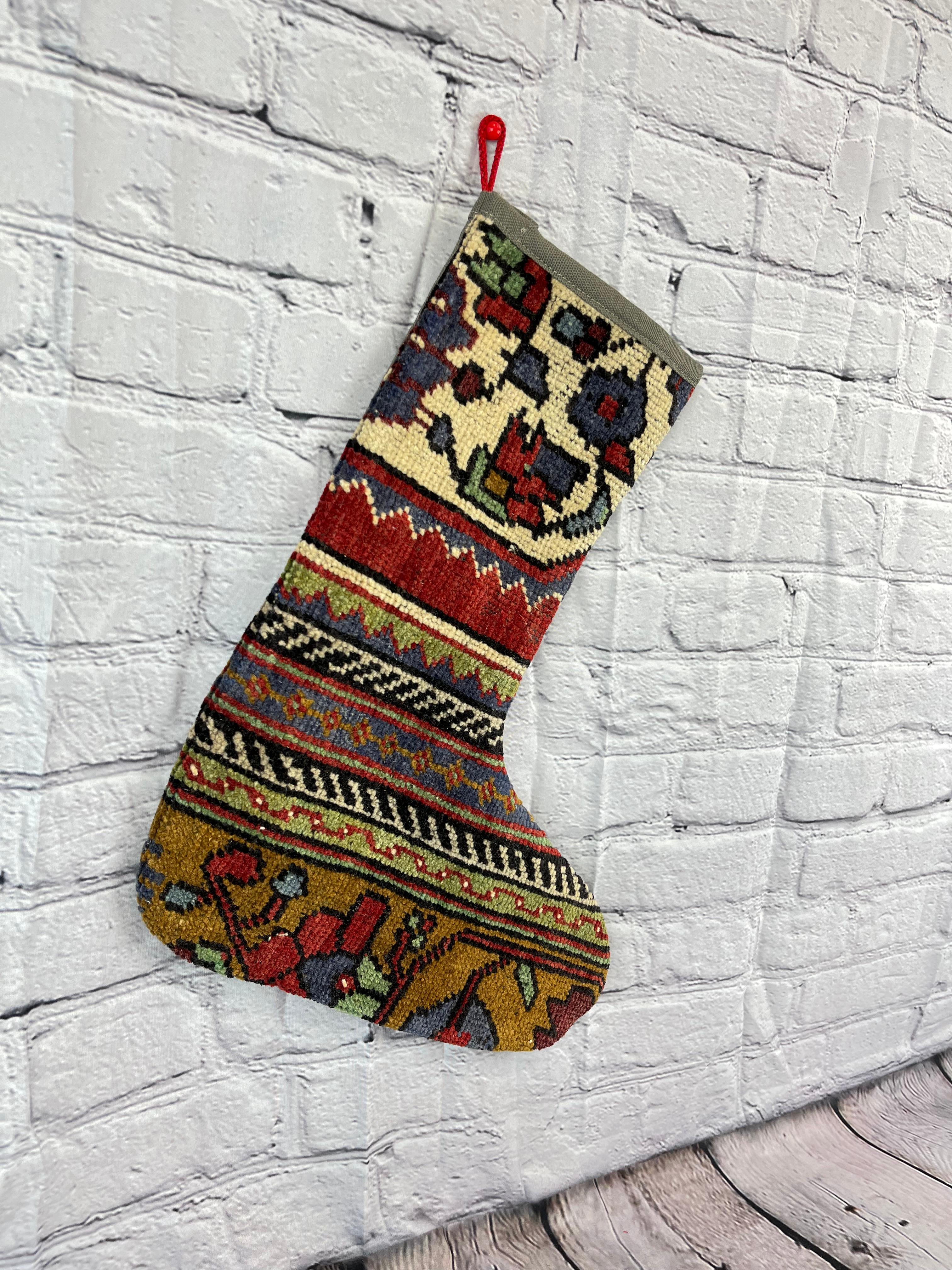 Hand-Knotted Vintage Handmade Turkish Rug Christmas Stocking For Sale