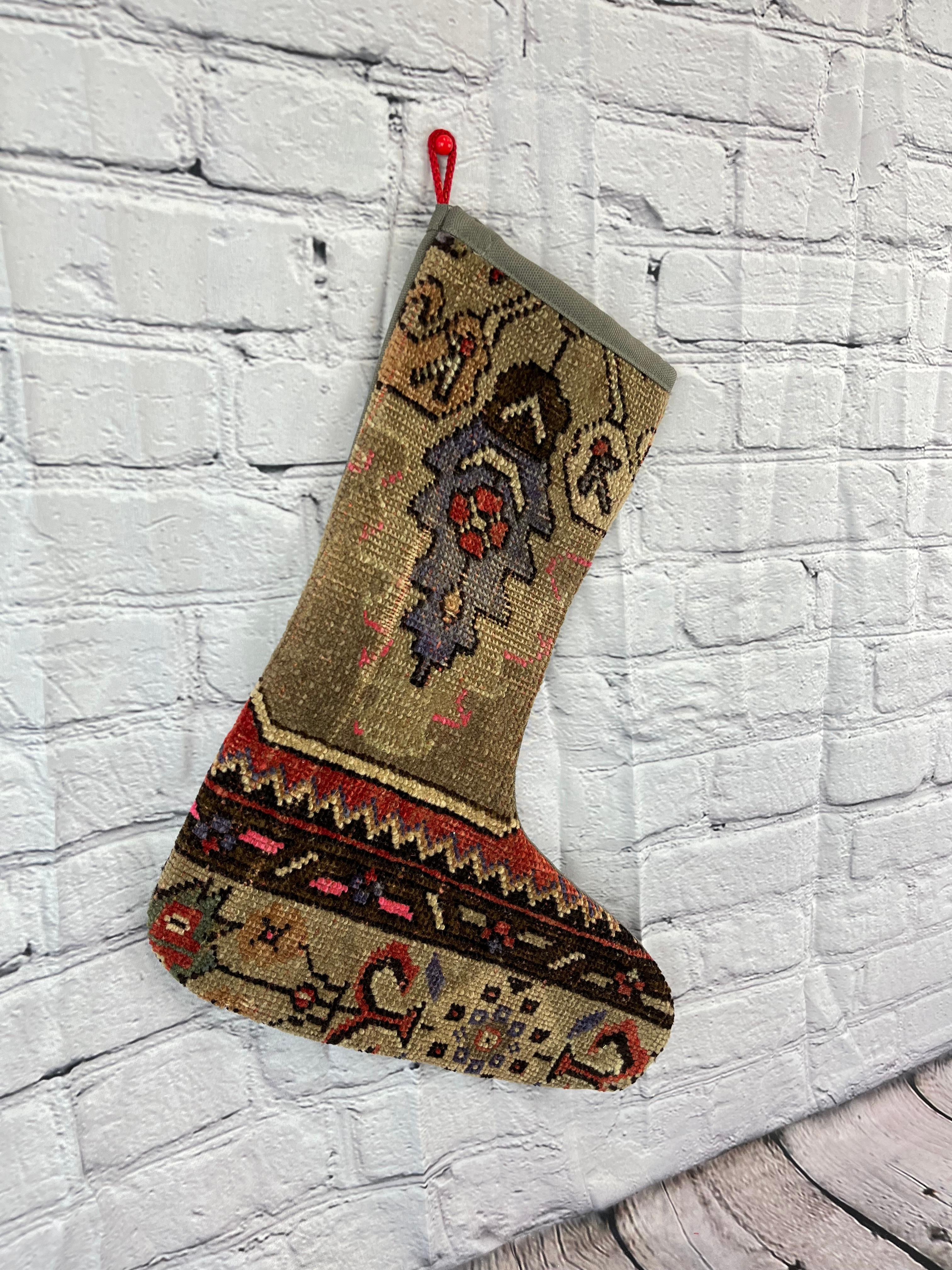Hand-Knotted Vintage Handmade Turkish Rug Christmas Stocking For Sale