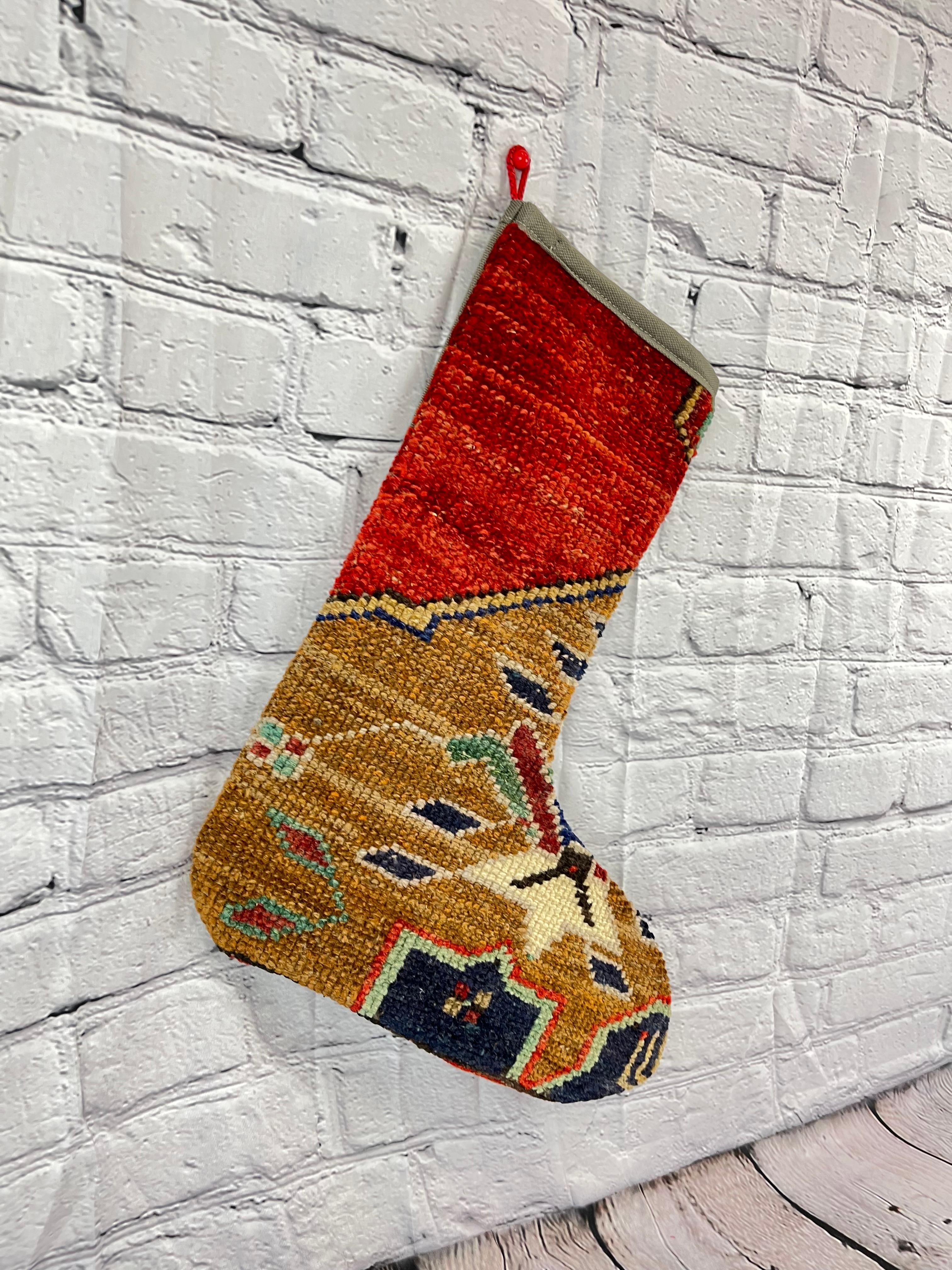 Hand-Knotted Vintage Handmade Turkish Rug Christmas Stocking For Sale