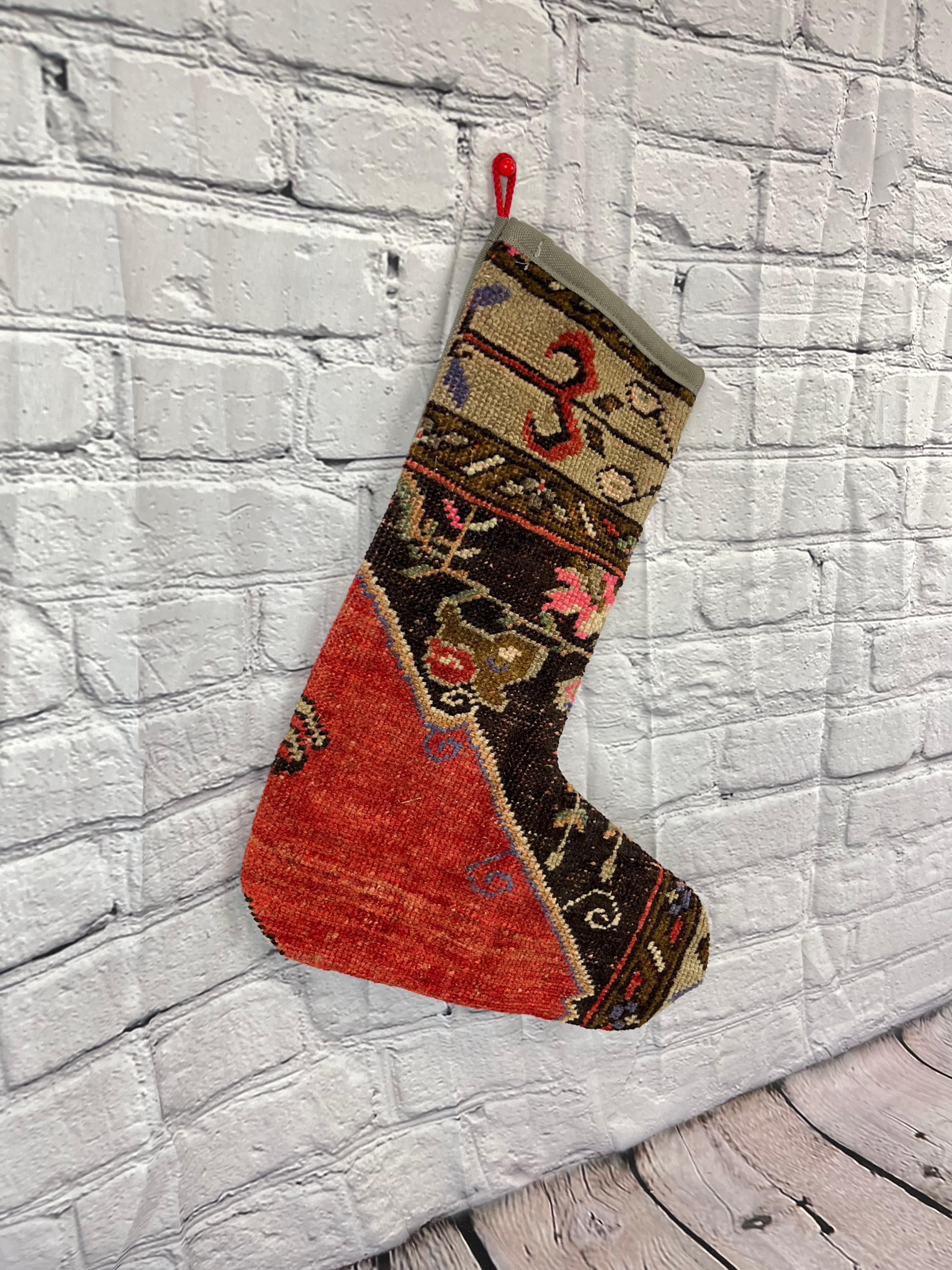 Hand-Knotted Vintage Handmade Turkish Rug Christmas Stocking For Sale