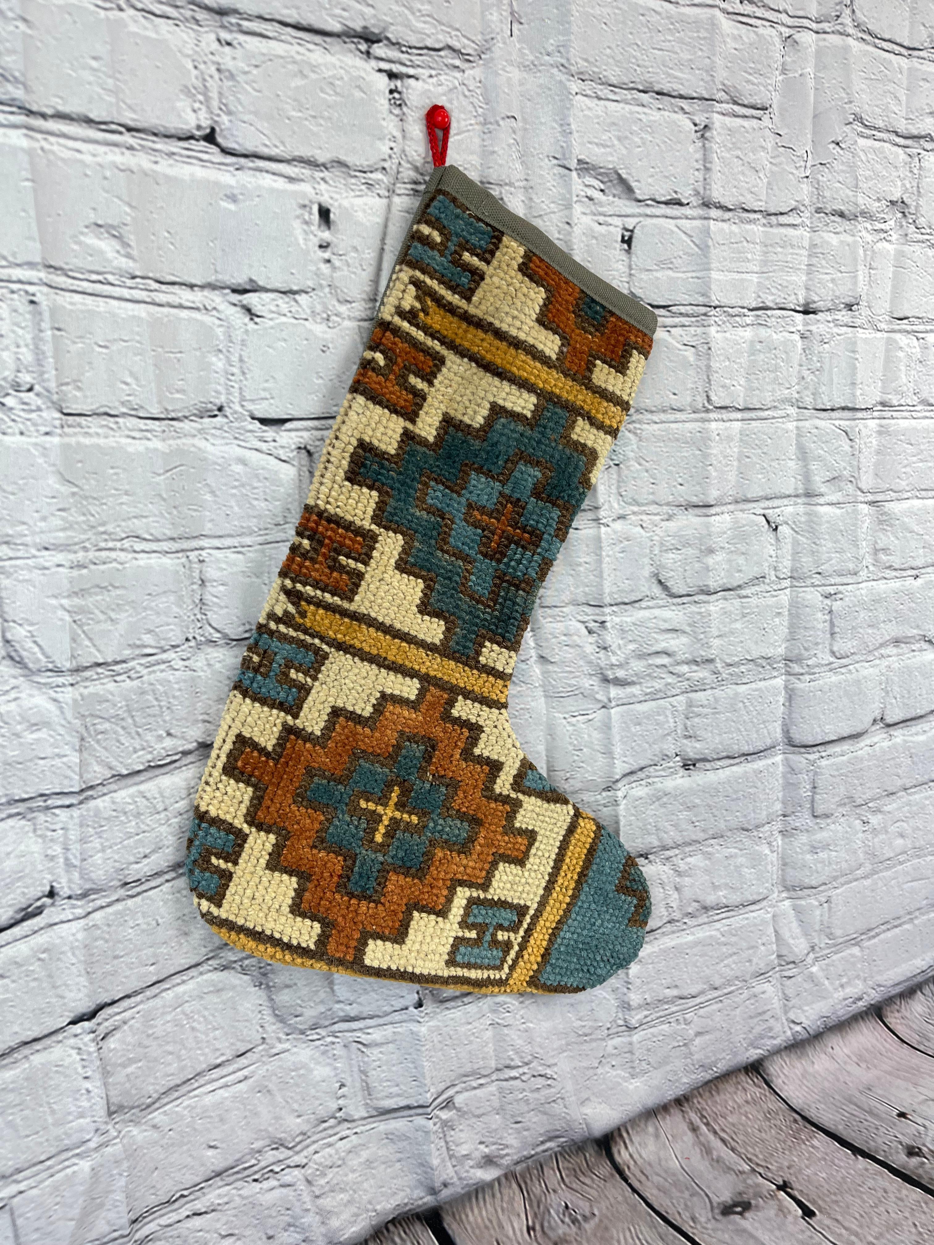 Hand-Knotted Vintage Handmade Turkish Rug Christmas Stocking For Sale