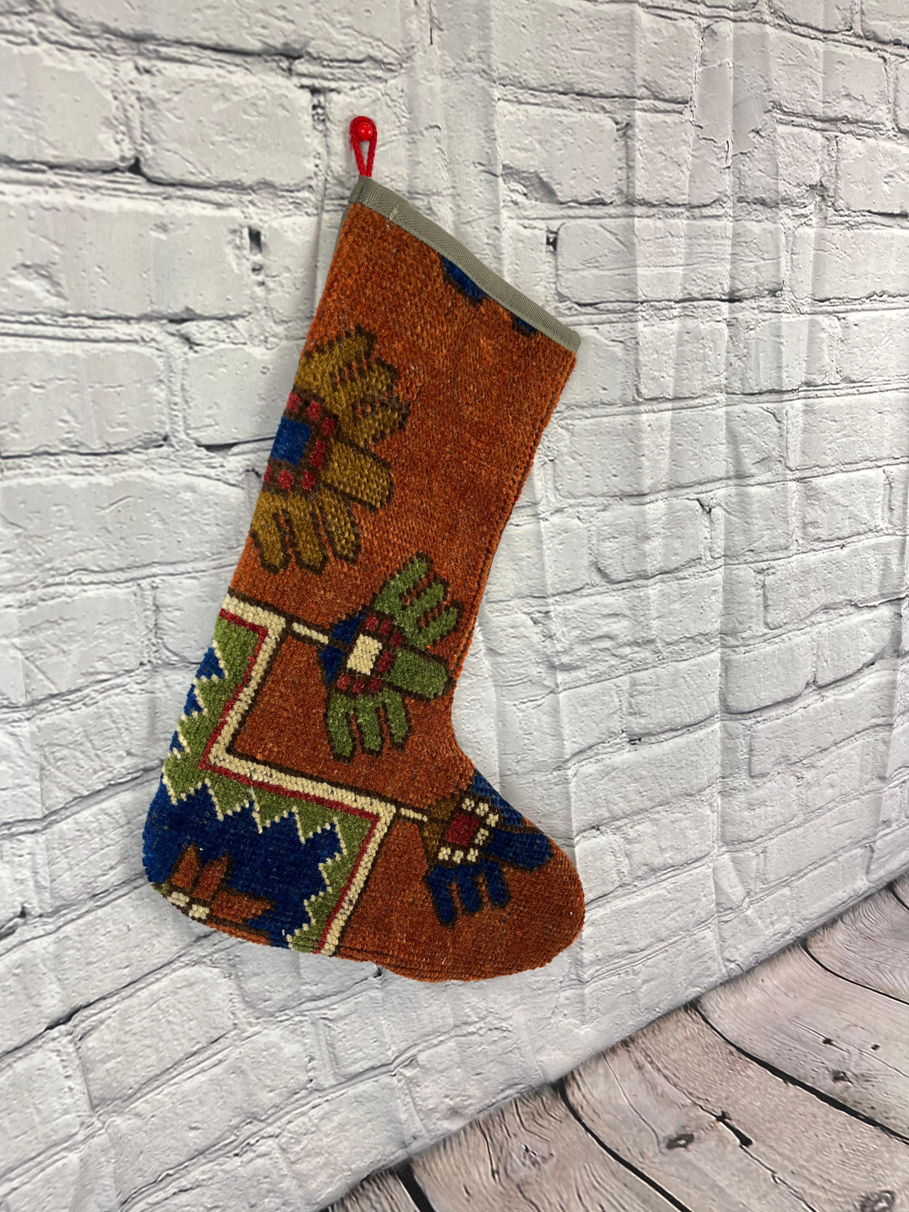 Hand-Knotted Vintage Handmade Turkish Rug Christmas Stocking For Sale