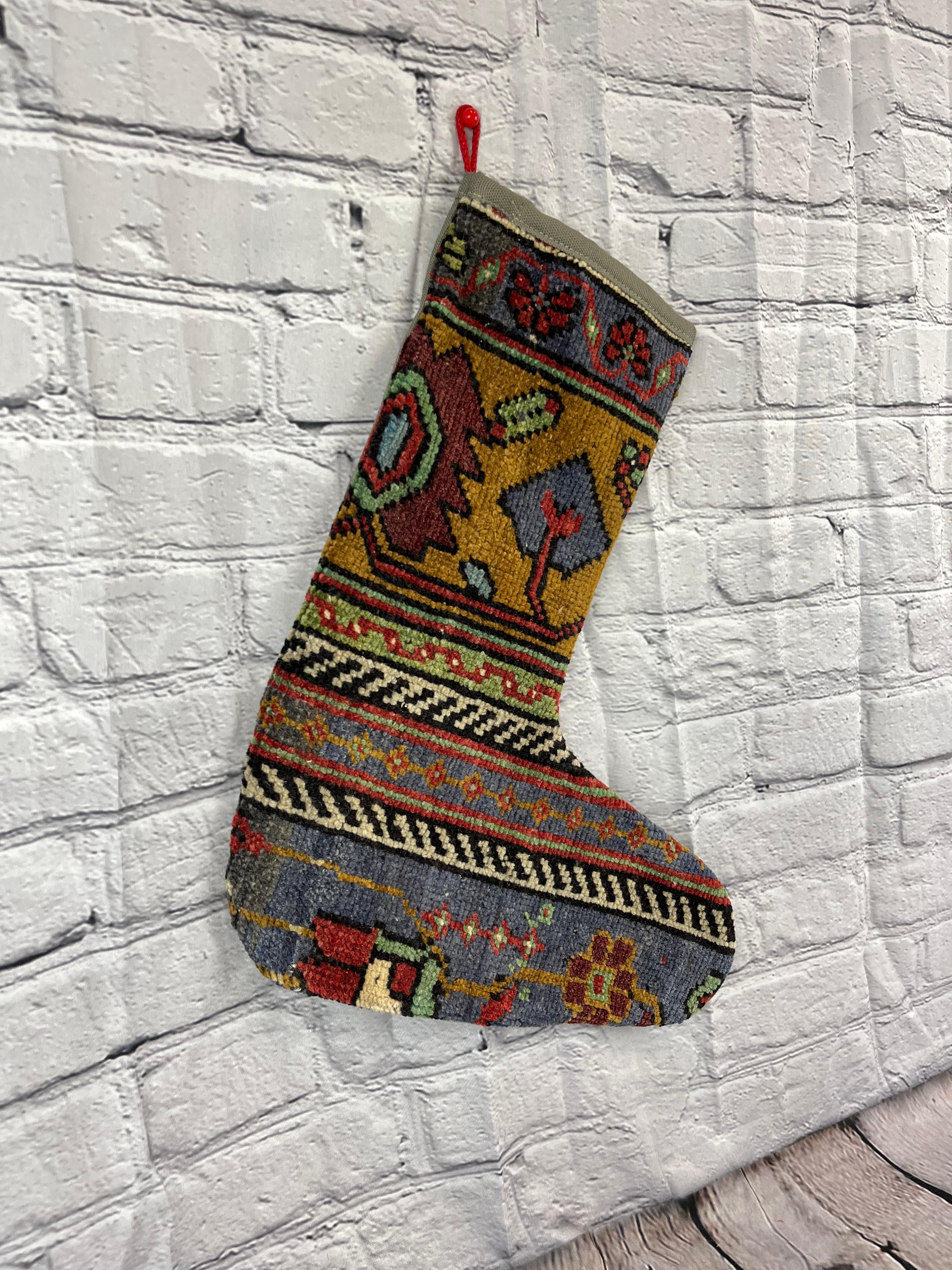 Hand-Knotted Vintage Handmade Turkish Rug Christmas Stocking For Sale