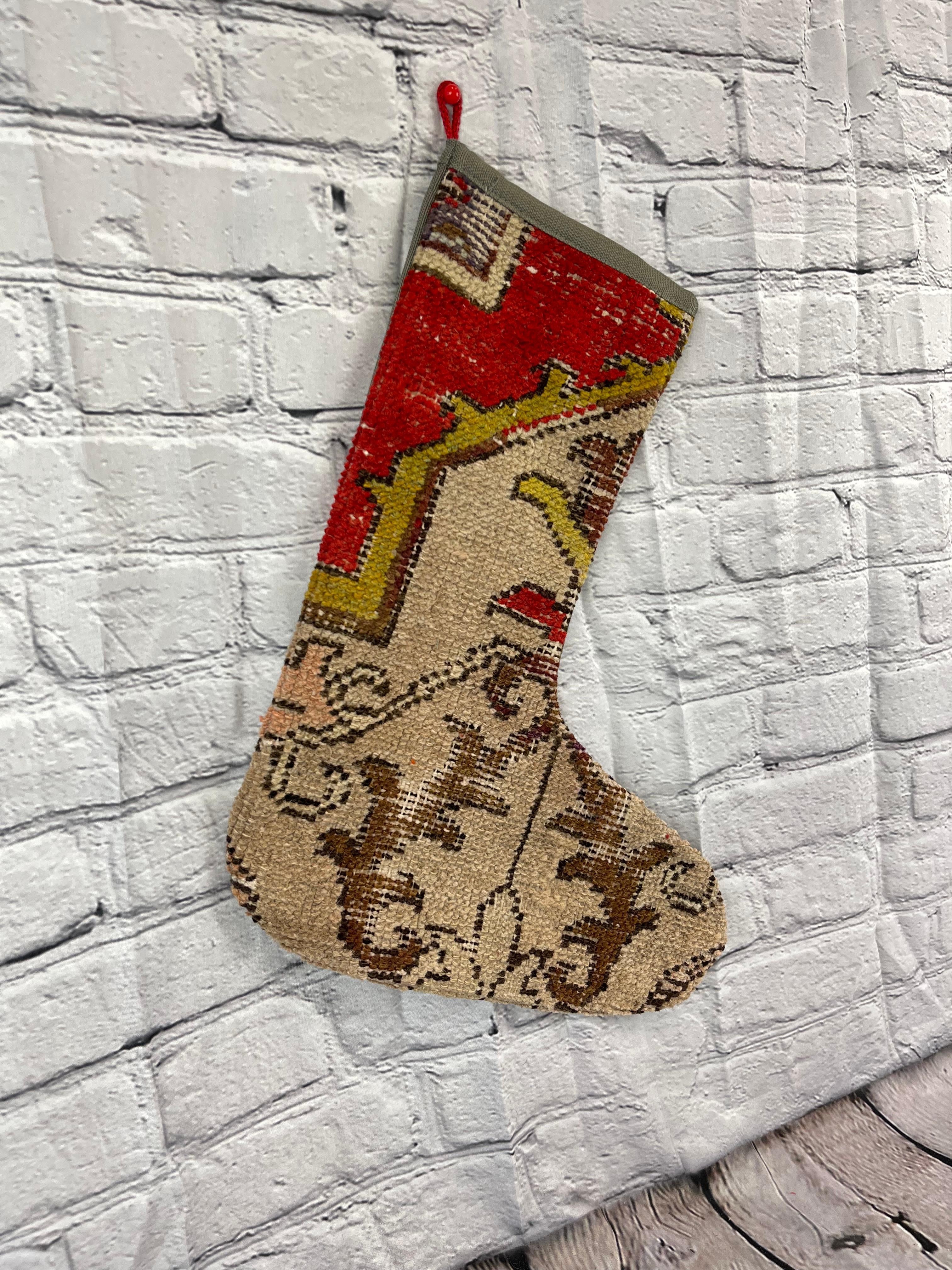 Hand-Knotted Vintage Handmade Turkish Rug Christmas Stocking For Sale