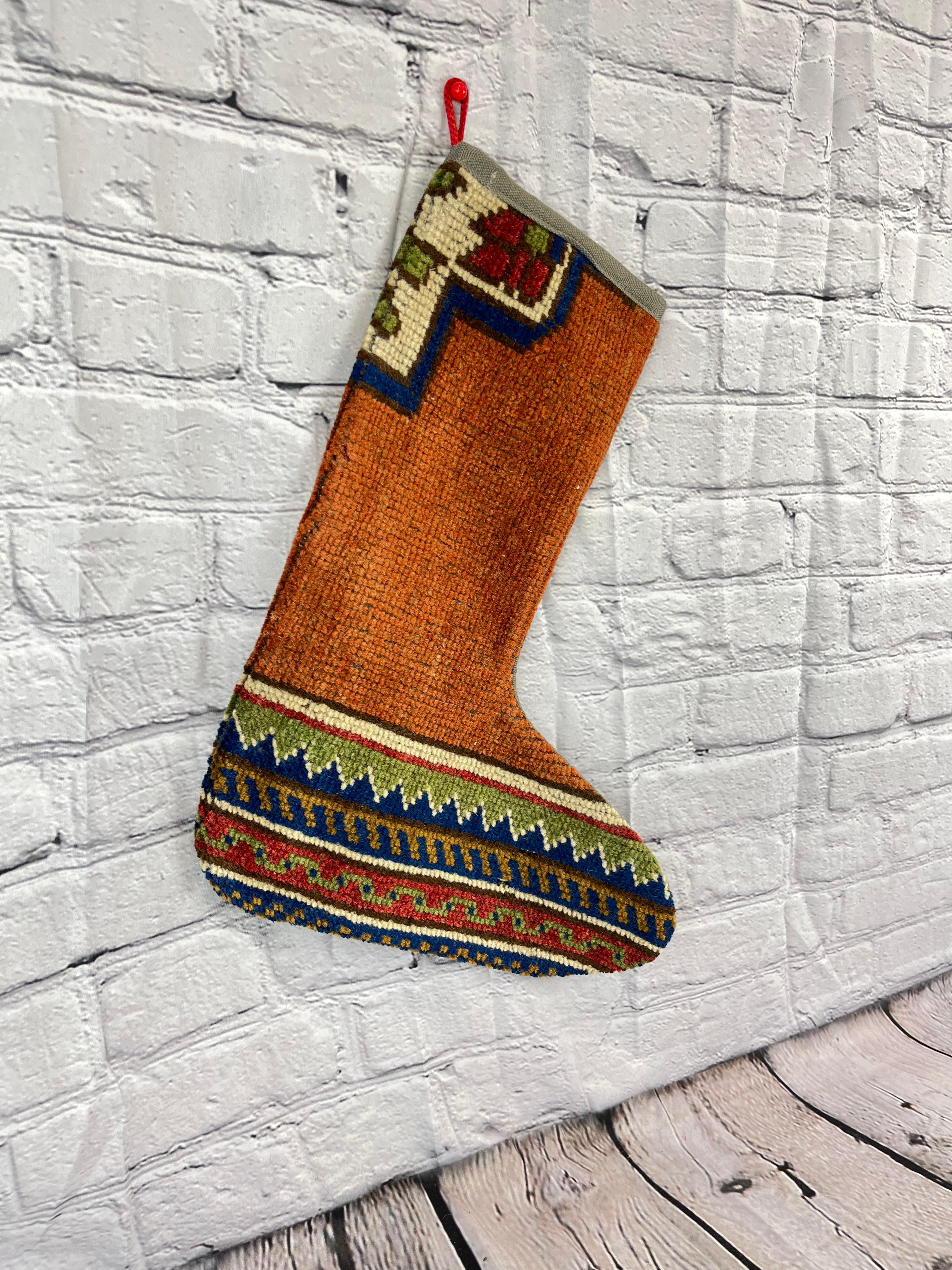 Hand-Knotted Vintage Handmade Turkish Rug Christmas Stocking For Sale