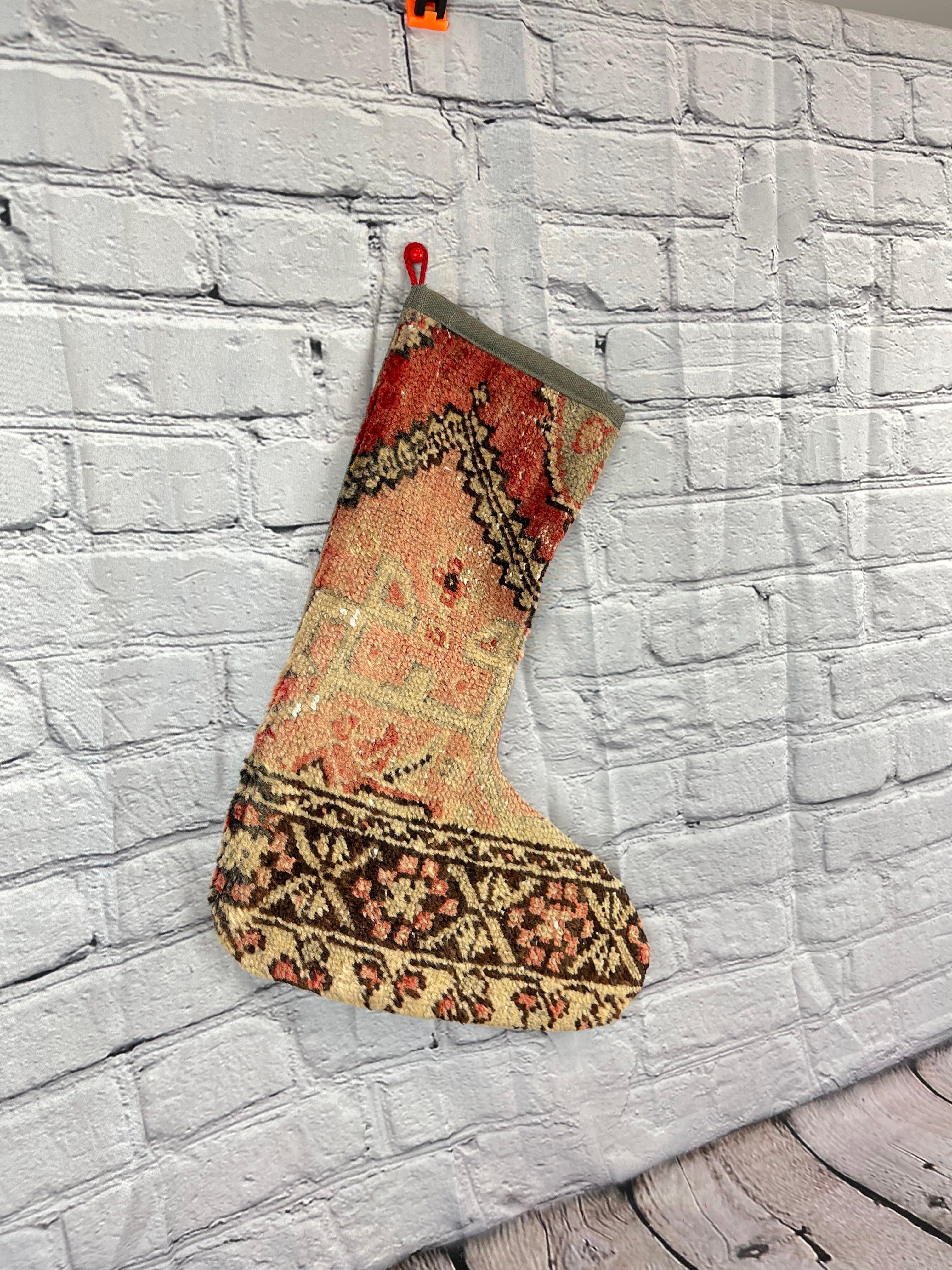 Hand-Knotted Vintage Handmade Turkish Rug Christmas Stocking For Sale