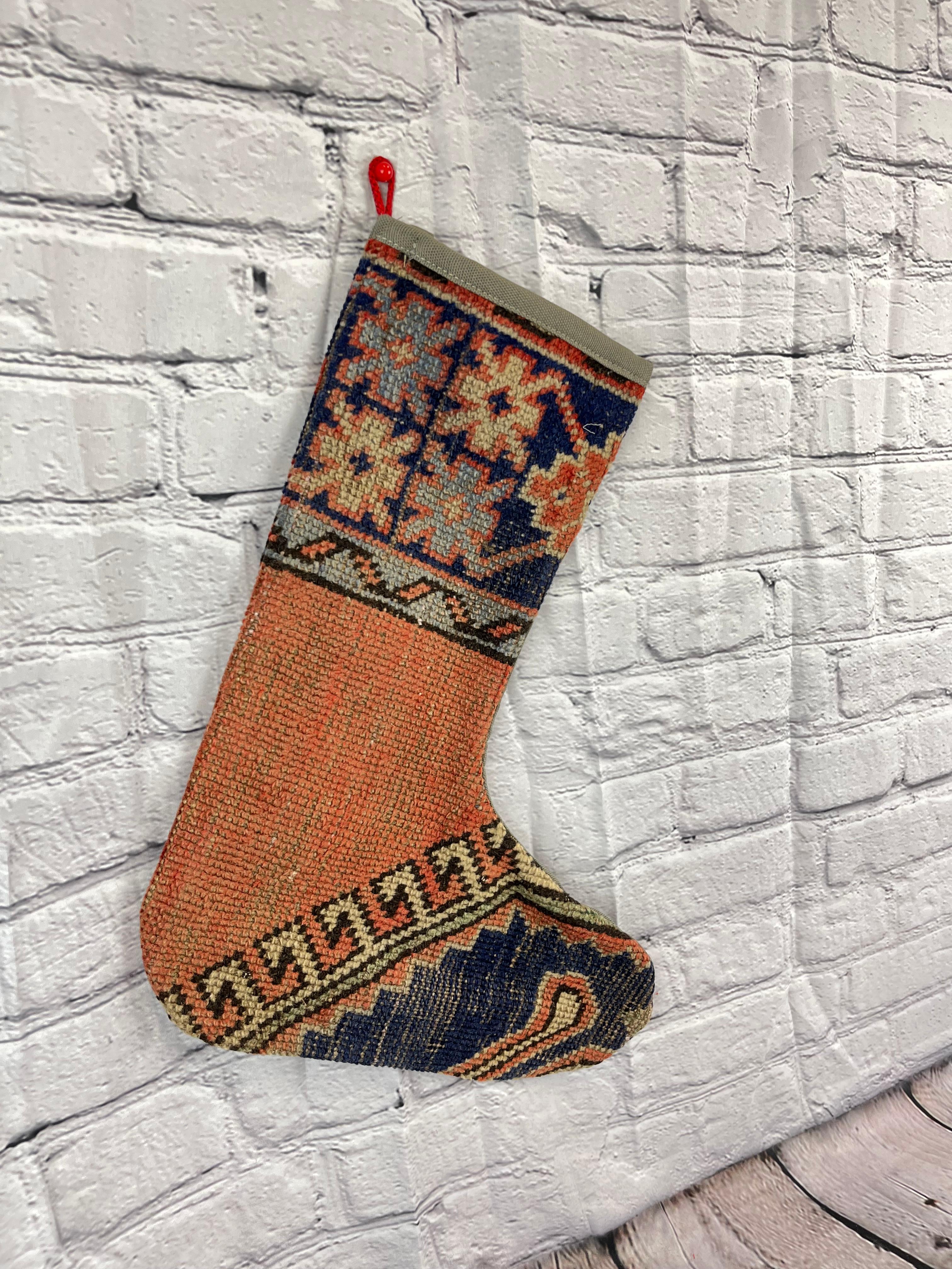 Hand-Knotted Vintage Handmade Turkish Rug Christmas Stocking For Sale