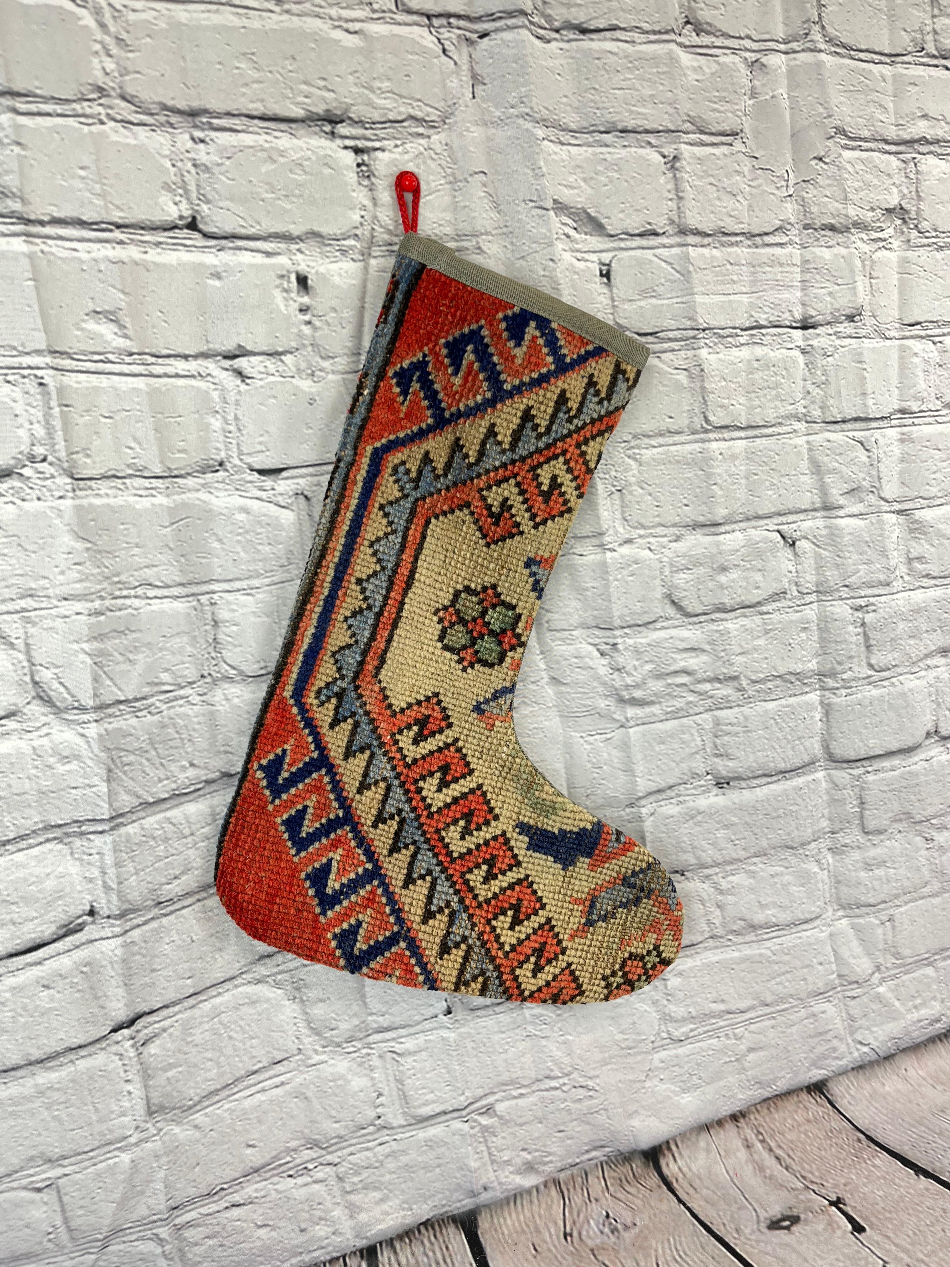 Hand-Knotted Vintage Handmade Turkish Rug Christmas Stocking For Sale