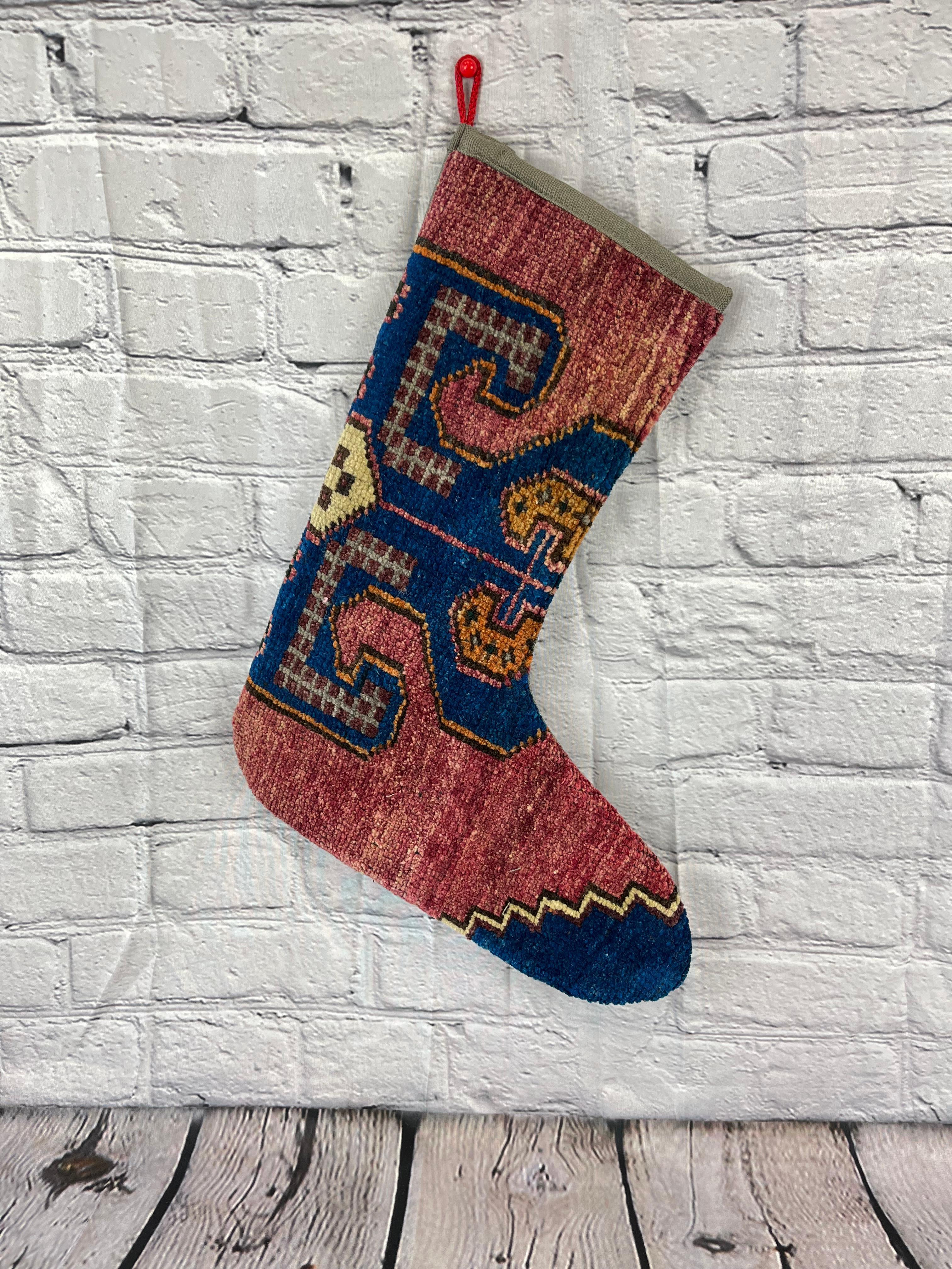 Vintage Handmade Turkish Rug Christmas Stocking In New Condition For Sale In Houston, TX