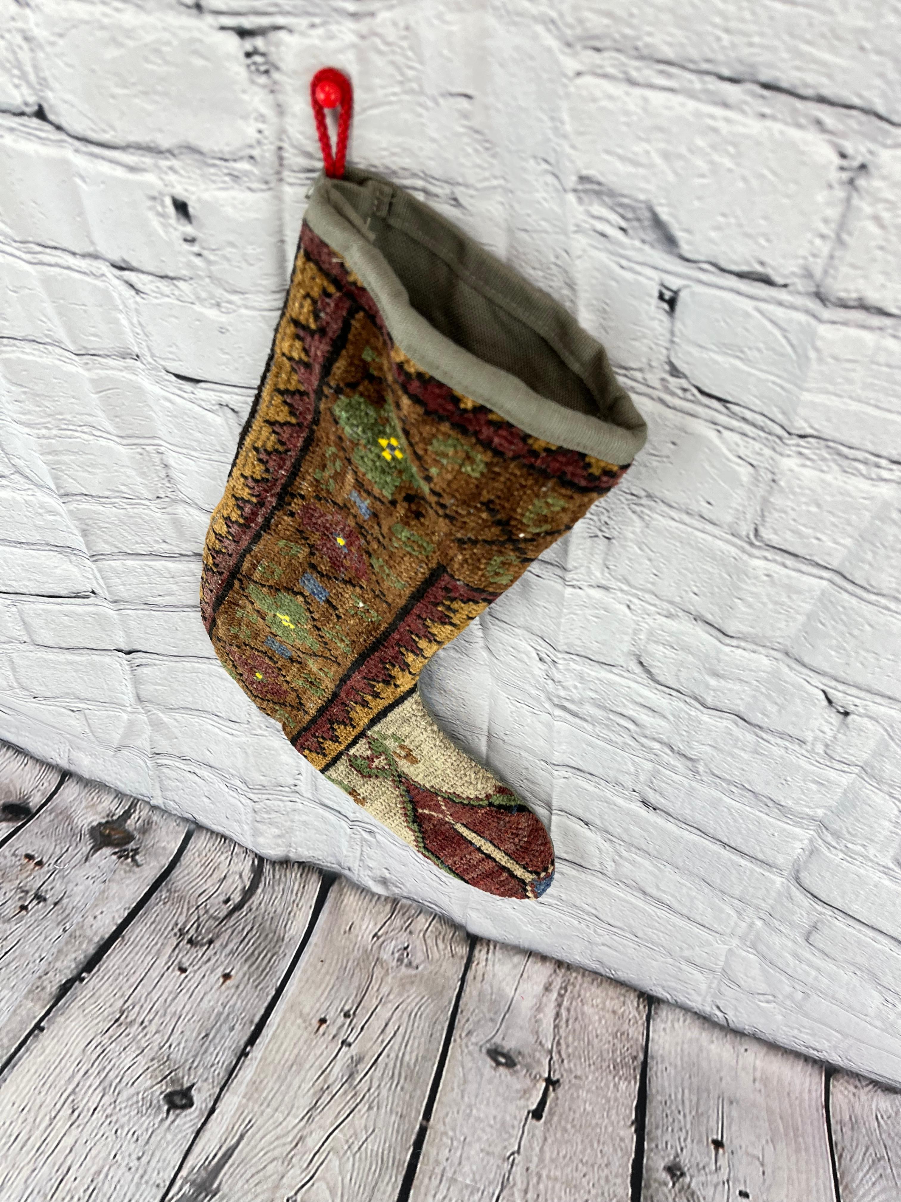 Vintage Handmade Turkish Rug Christmas Stocking In New Condition For Sale In Houston, TX