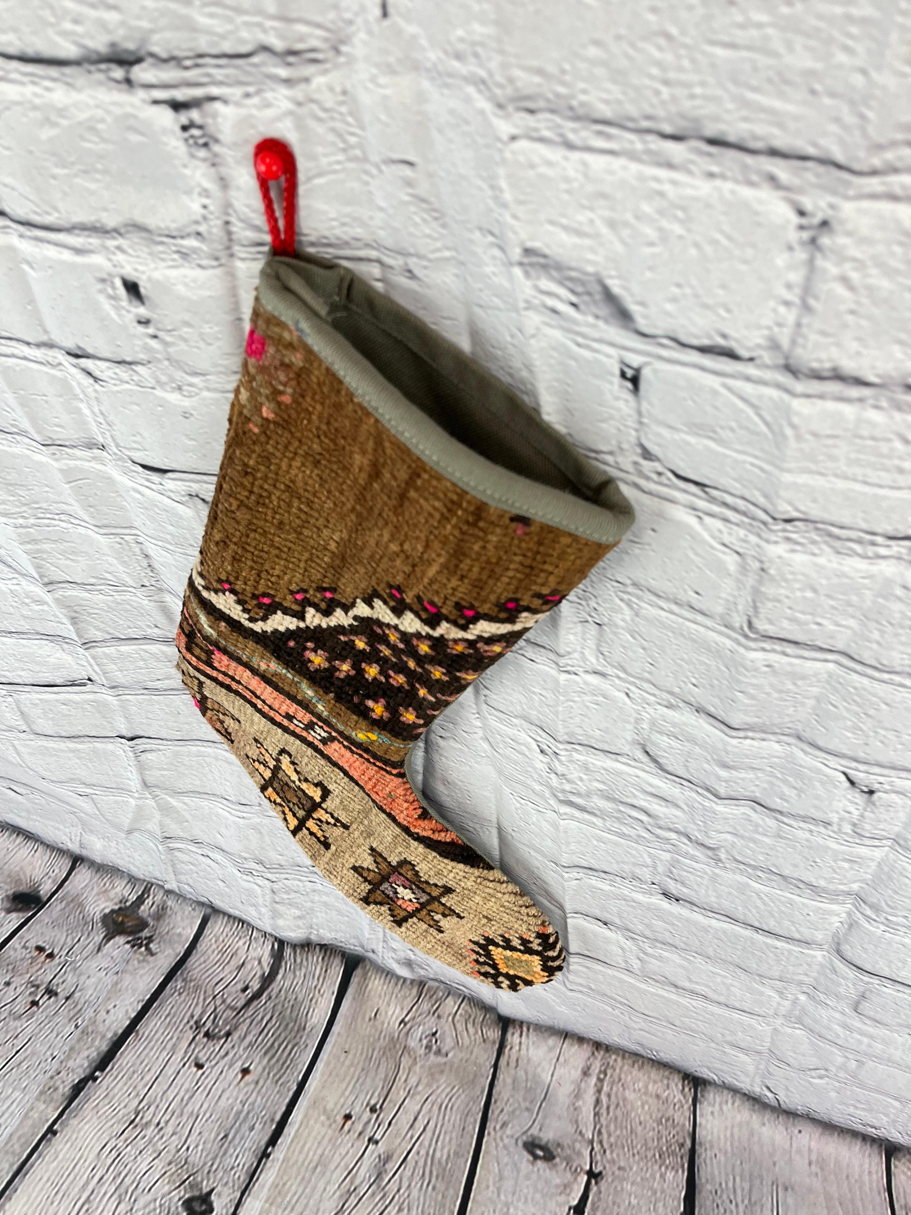 Vintage Handmade Turkish Rug Christmas Stocking In New Condition For Sale In Houston, TX