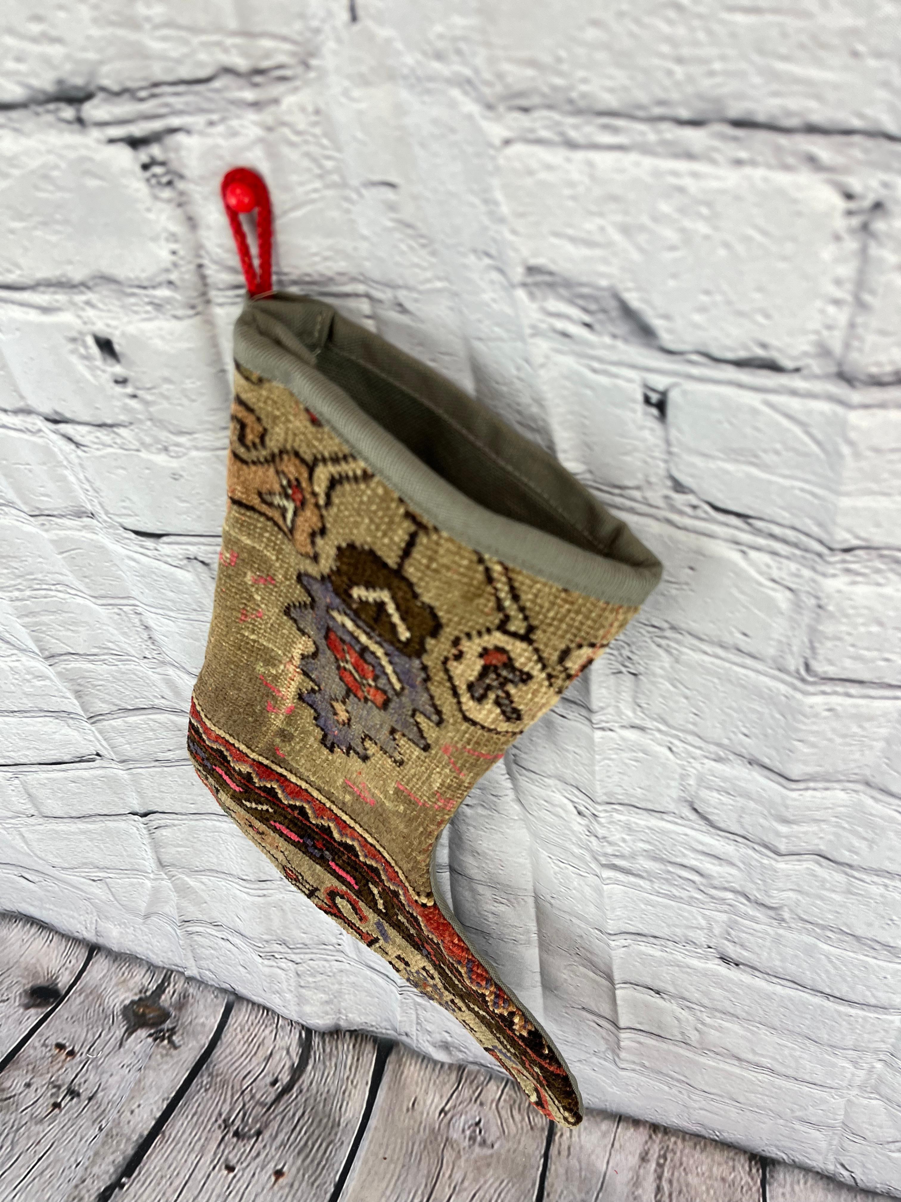 Vintage Handmade Turkish Rug Christmas Stocking In New Condition For Sale In Houston, TX