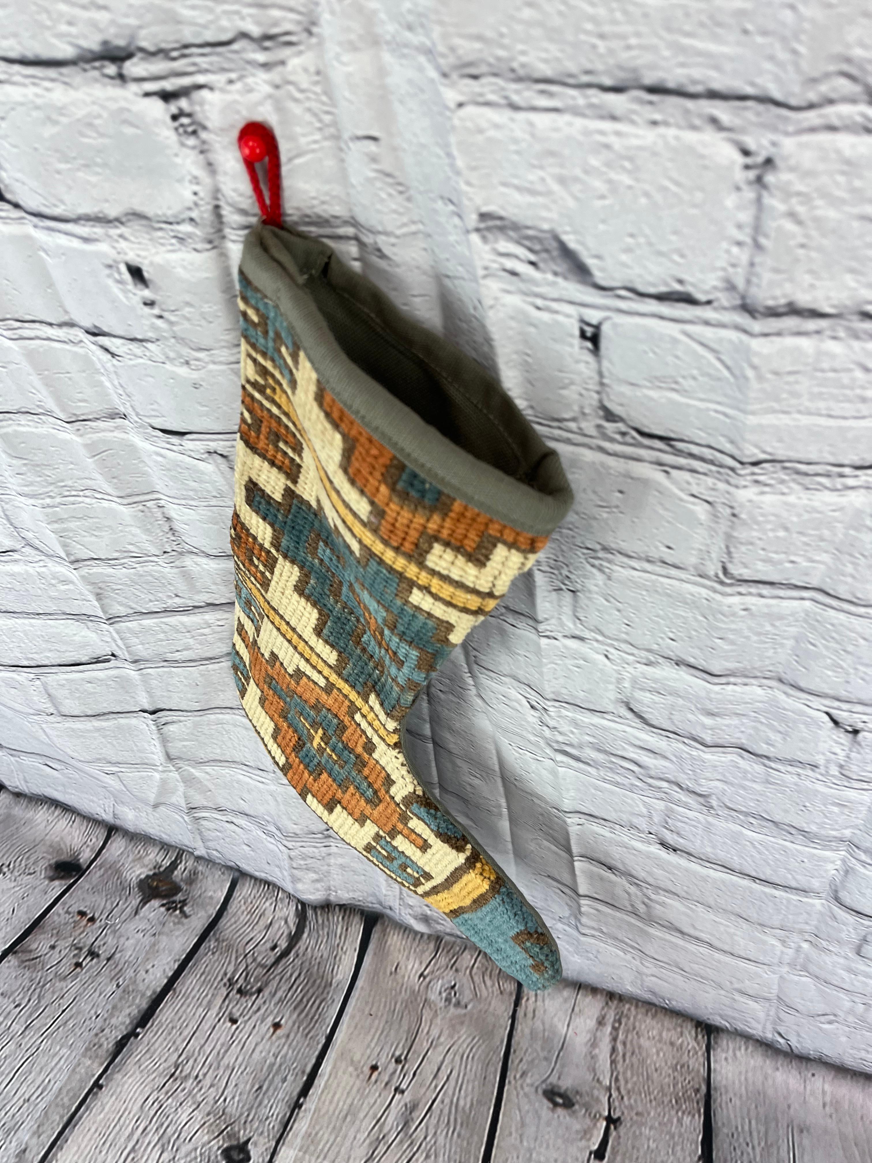 Vintage Handmade Turkish Rug Christmas Stocking In New Condition For Sale In Houston, TX