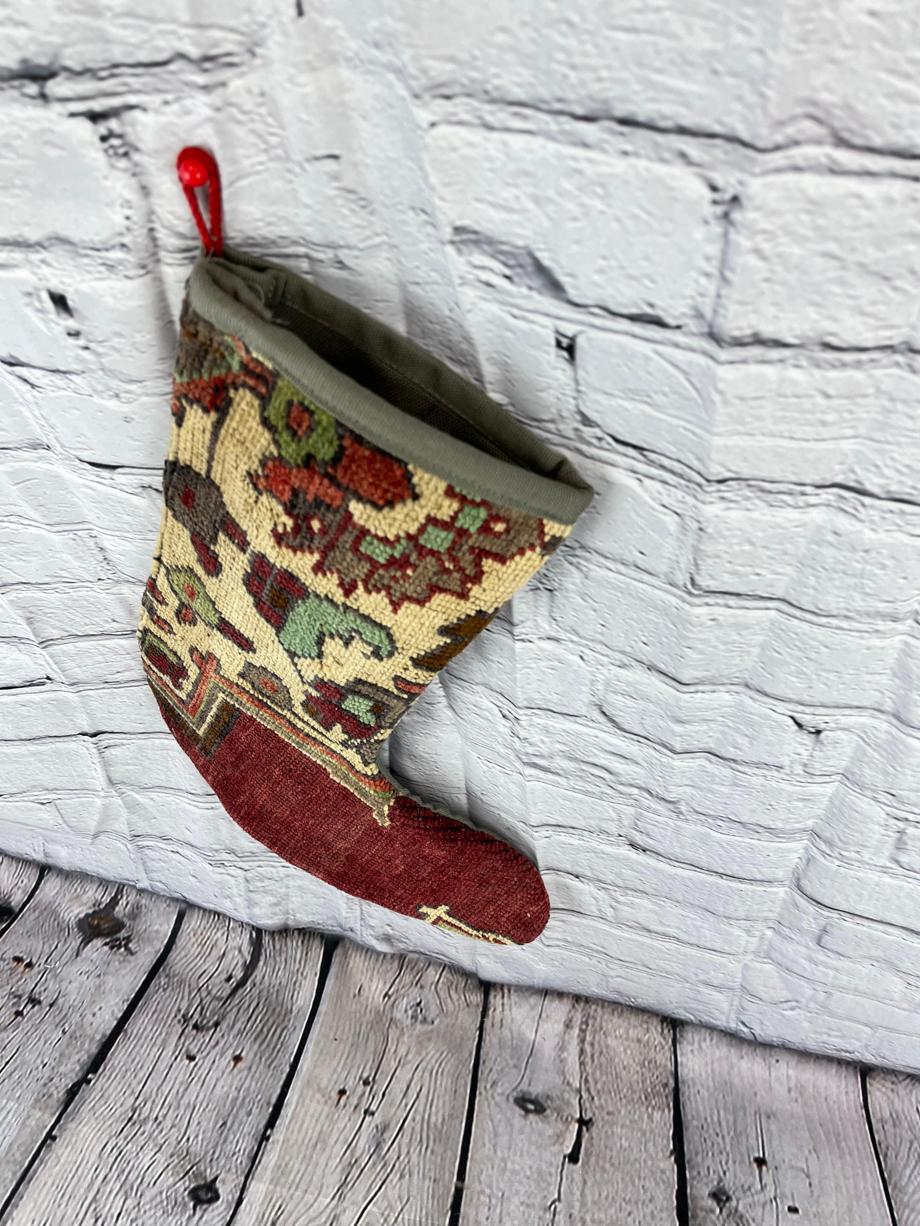 Vintage Handmade Turkish Rug Christmas Stocking In New Condition For Sale In Houston, TX