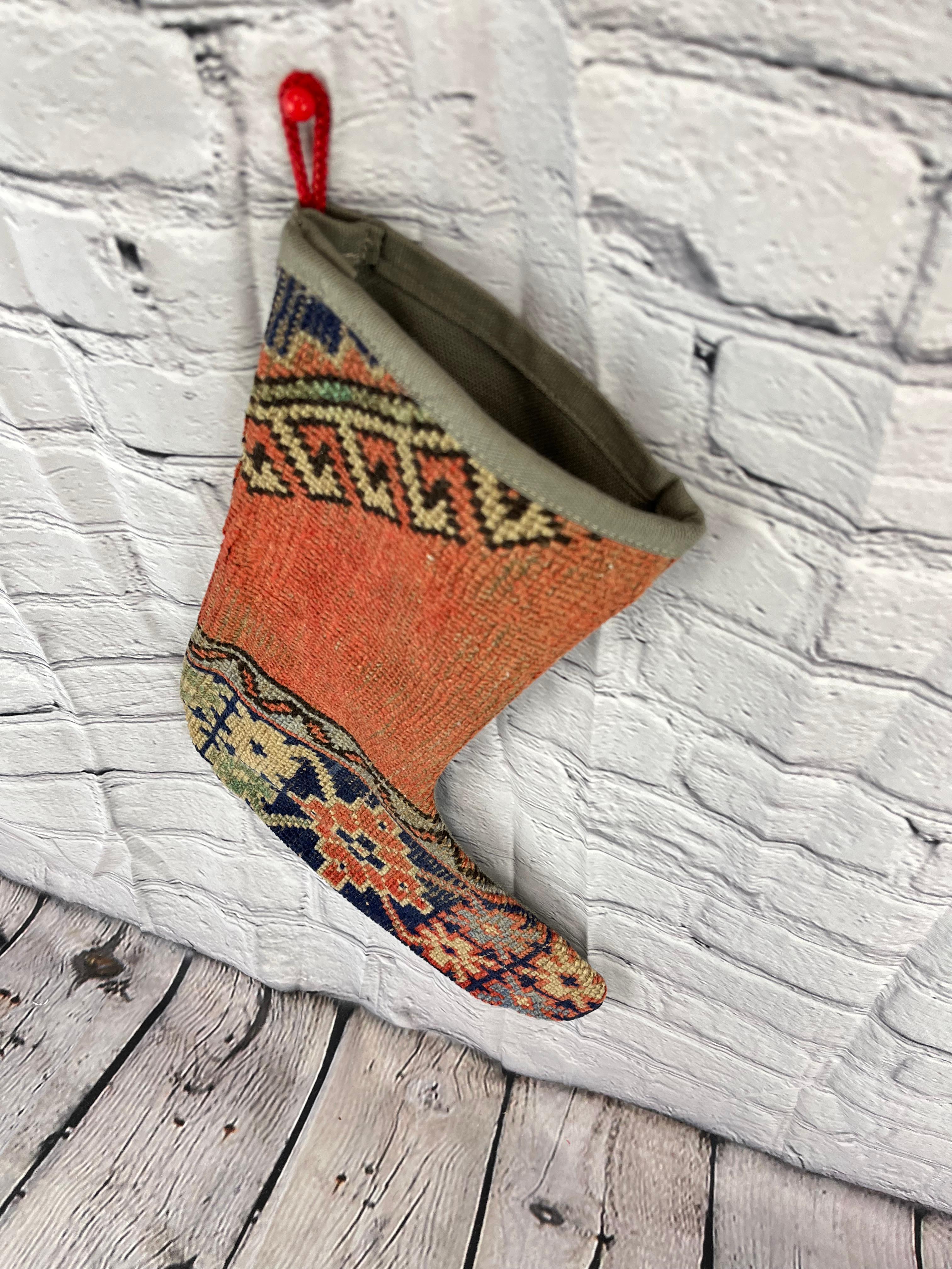 Vintage Handmade Turkish Rug Christmas Stocking In New Condition For Sale In Houston, TX