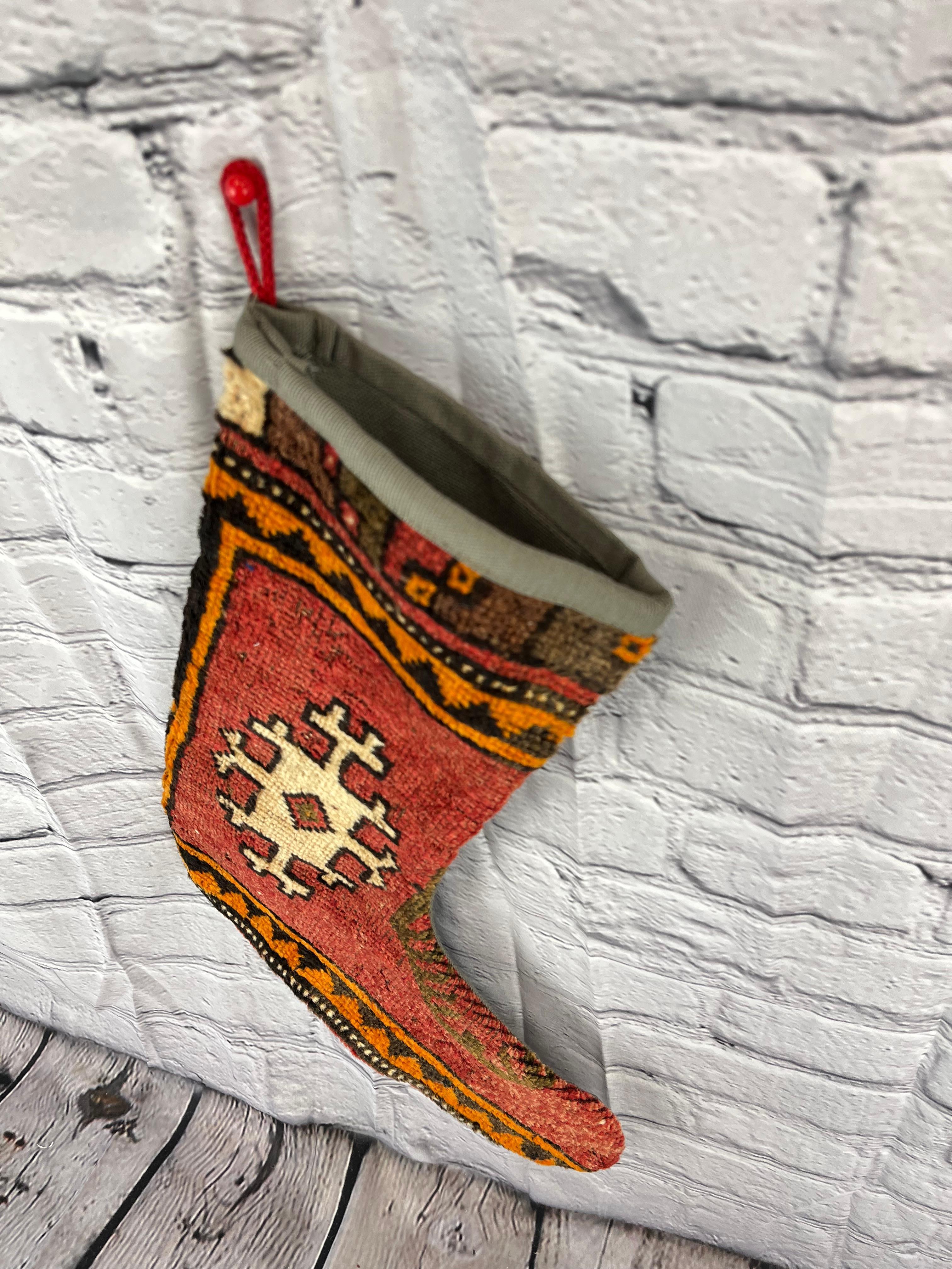 Vintage Handmade Turkish Rug Christmas Stocking In New Condition For Sale In Houston, TX