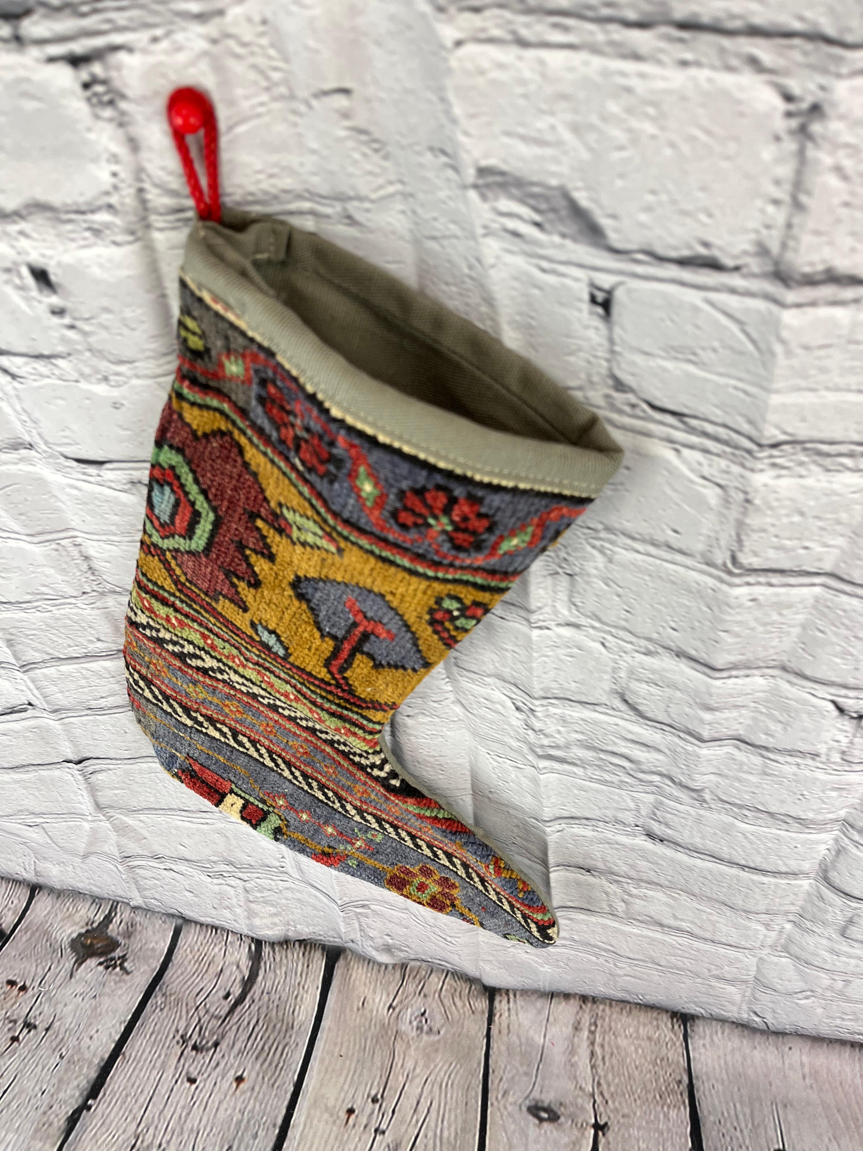 Vintage Handmade Turkish Rug Christmas Stocking In New Condition For Sale In Houston, TX