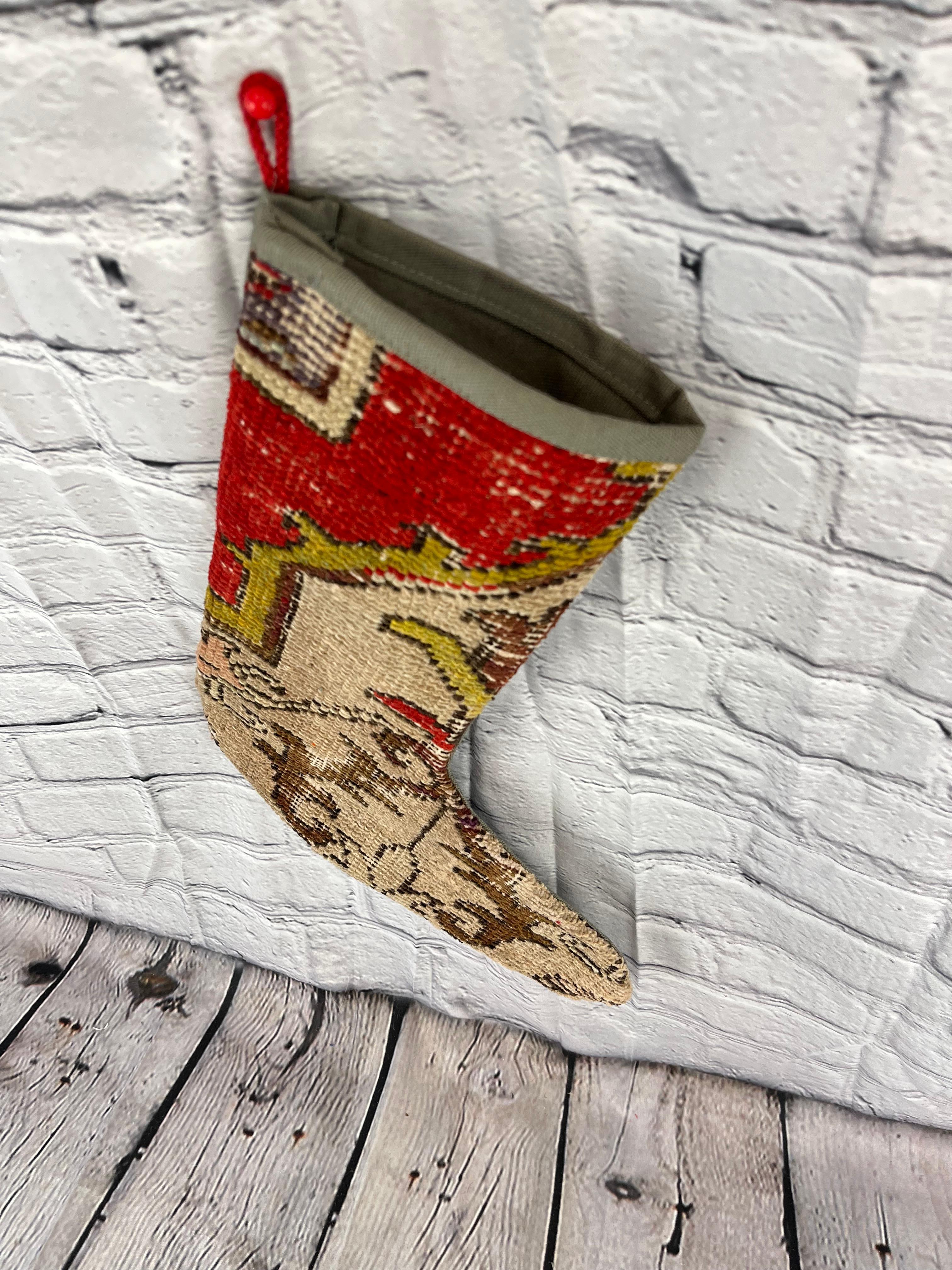 Vintage Handmade Turkish Rug Christmas Stocking In New Condition For Sale In Houston, TX