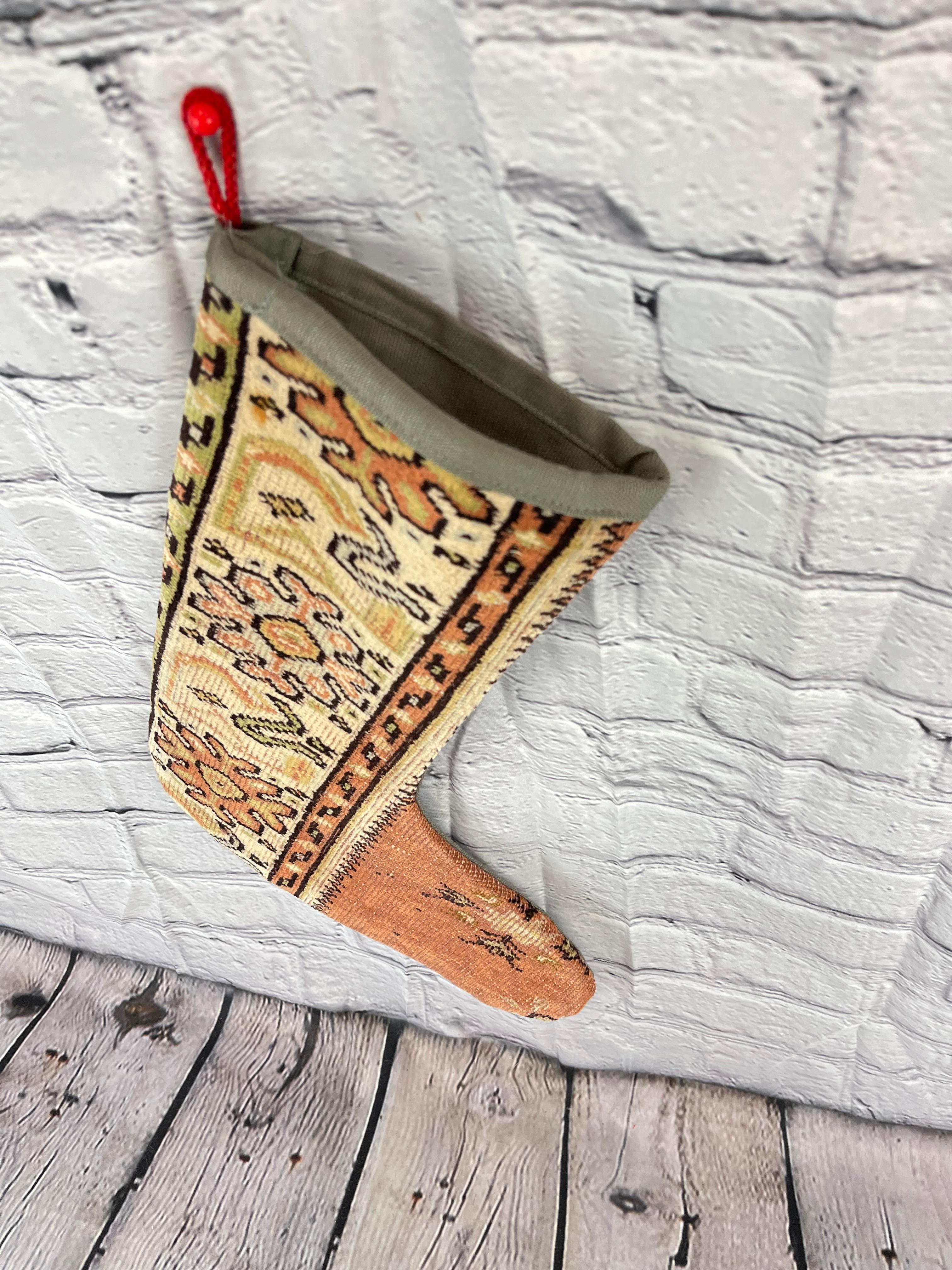 Vintage Handmade Turkish Rug Christmas Stocking In New Condition For Sale In Houston, TX