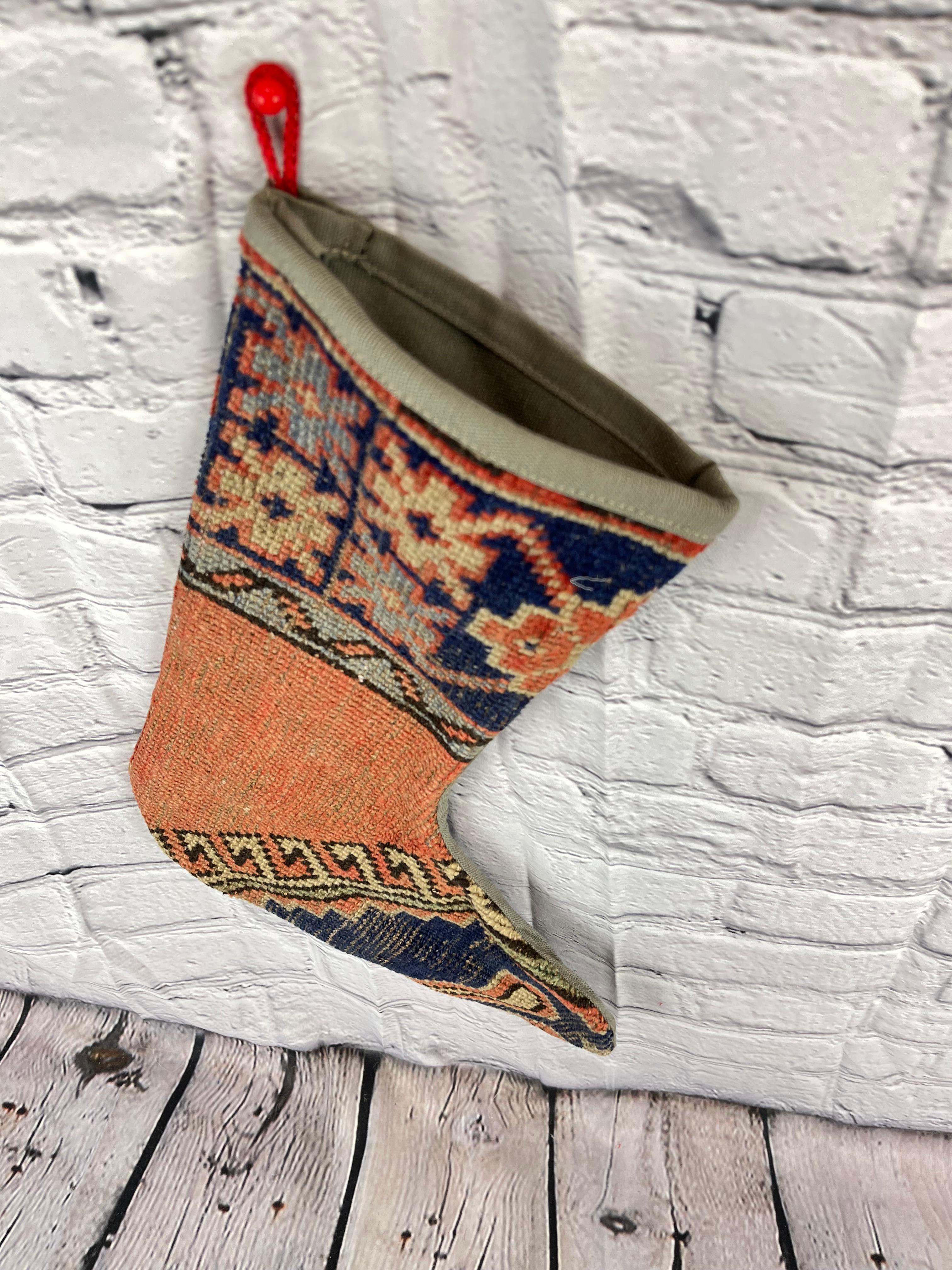 Vintage Handmade Turkish Rug Christmas Stocking In New Condition For Sale In Houston, TX