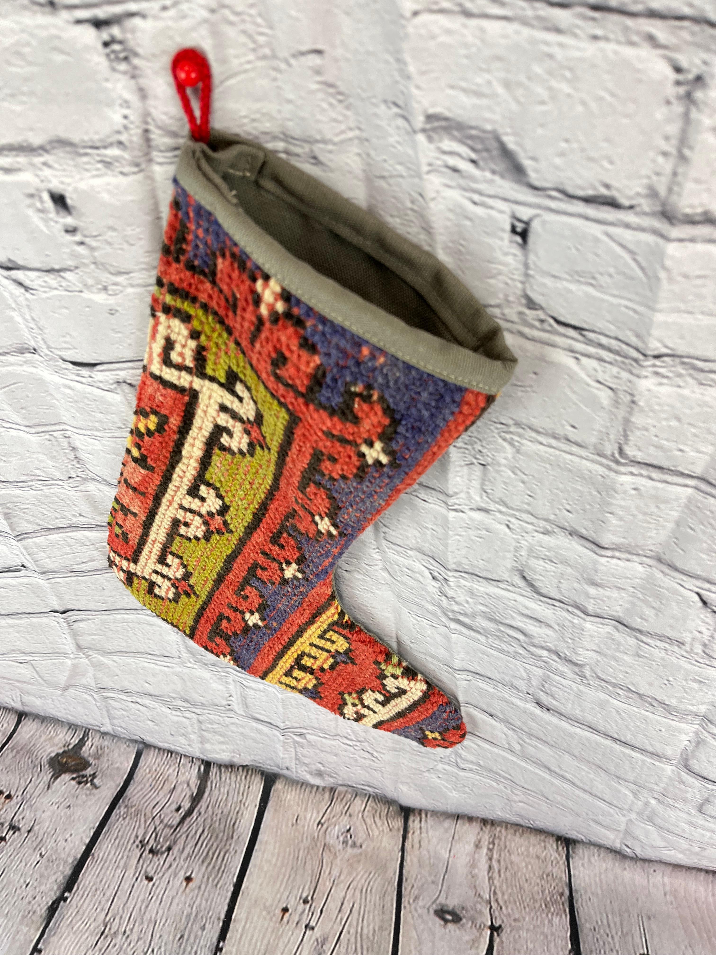 Vintage Handmade Turkish Rug Christmas Stocking In New Condition For Sale In Houston, TX